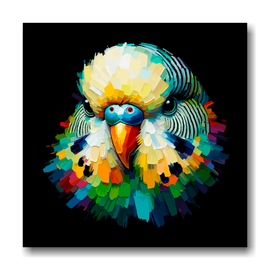 Large canvas wall art - A vibrant multi-coloured head portrait of a Green Budgie. Available in 3 large sizes.