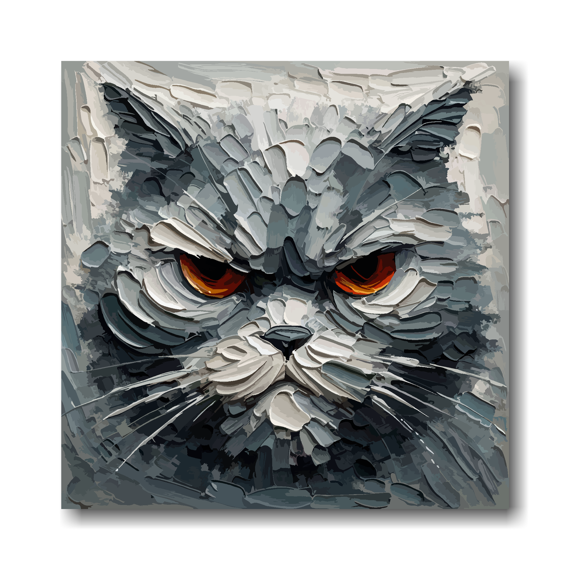 Abstract art of a cat's face with gray and black shades and orange eyes.