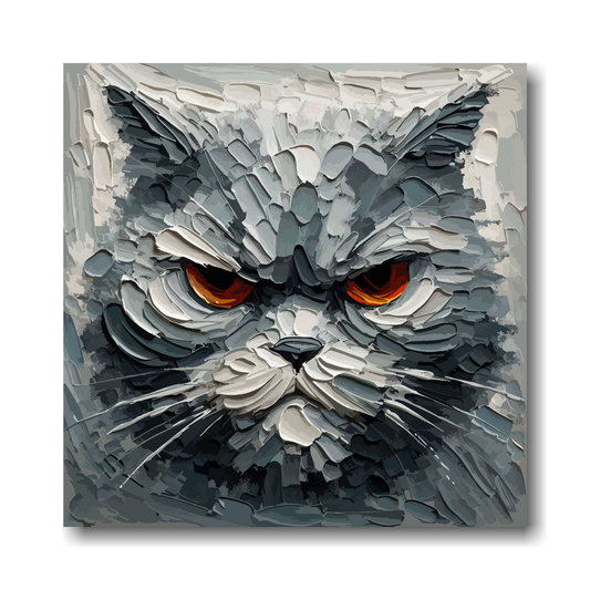 Abstract art of a cat's face with gray and black shades and orange eyes.