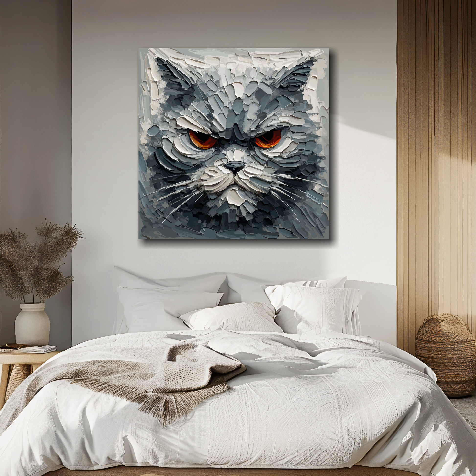 Painting of a cat with red eyes on a wall above a bed in a bedroom.