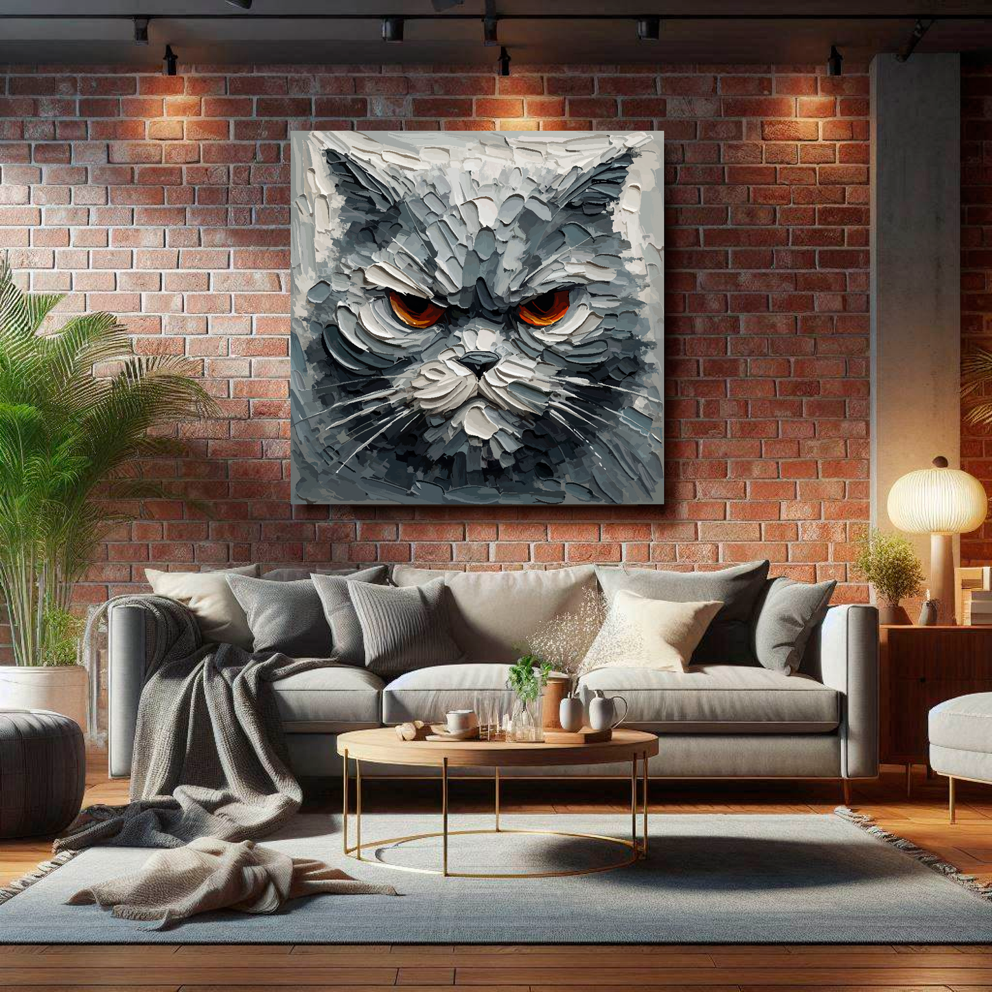 Living room with a gray cat painting on a brick wall