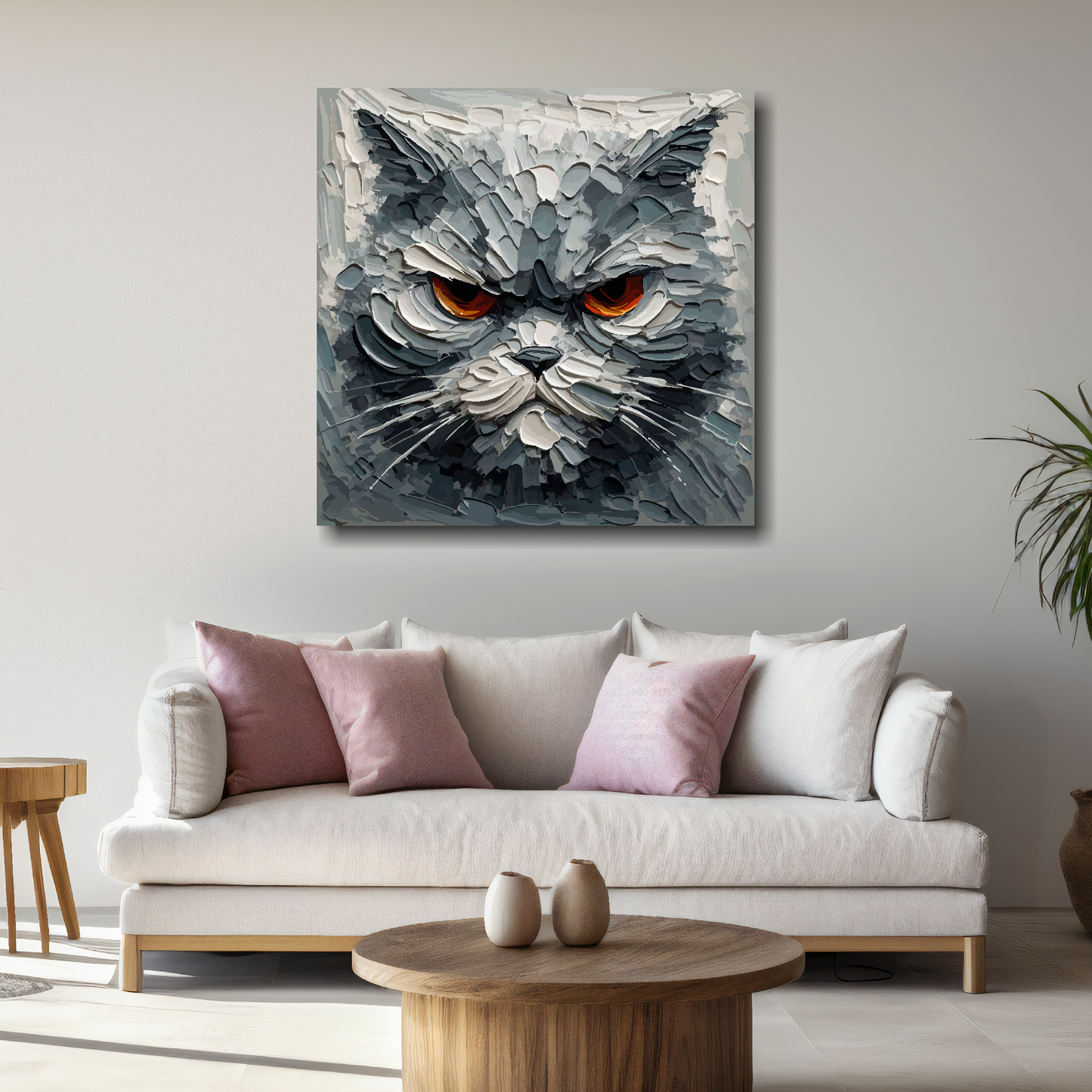 Painting of a cat's face on a wall above a sofa in a living room.