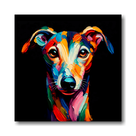 Colourful abstract painting of a Greyhound face on a black background
