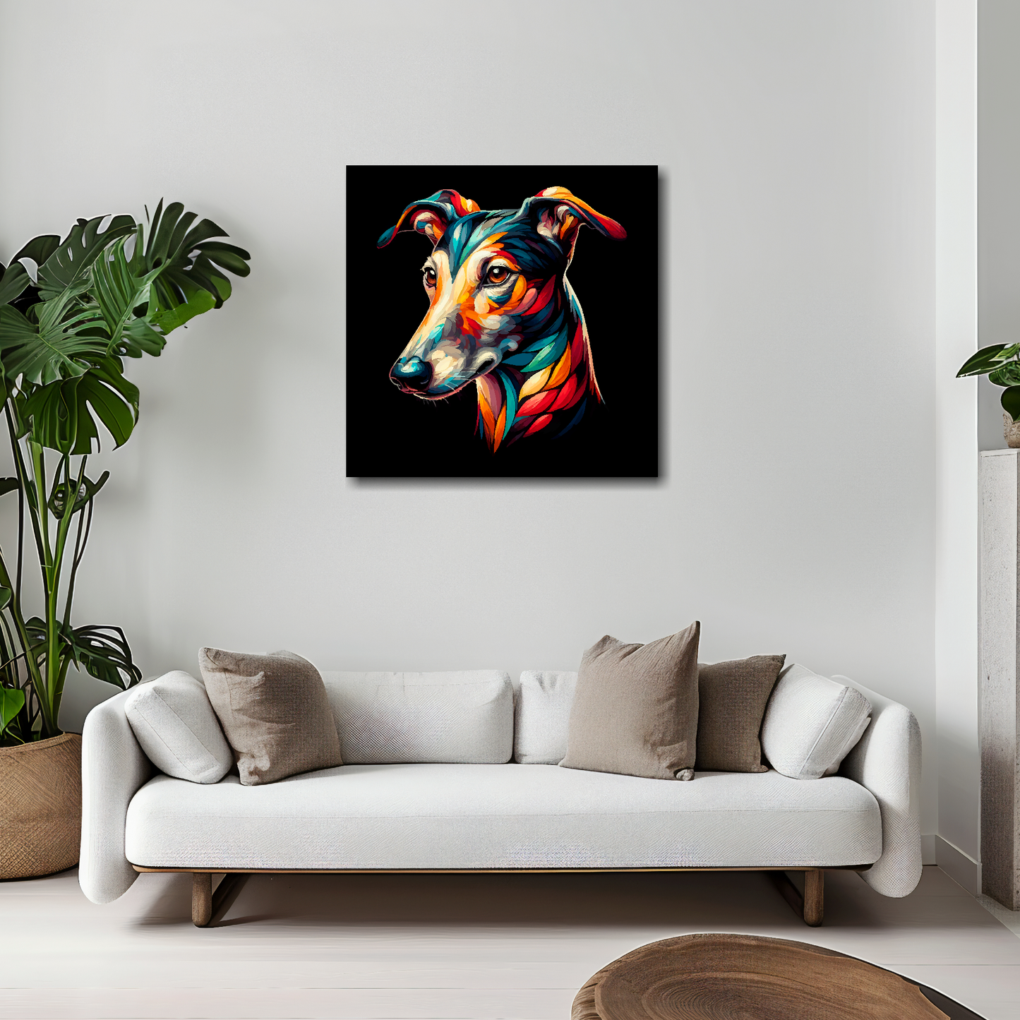20 inch by 20 inch square canvas of a colourful Greyhound head portrait on a black background. Mounted on a white wall above a white sofa with decorative pillows.