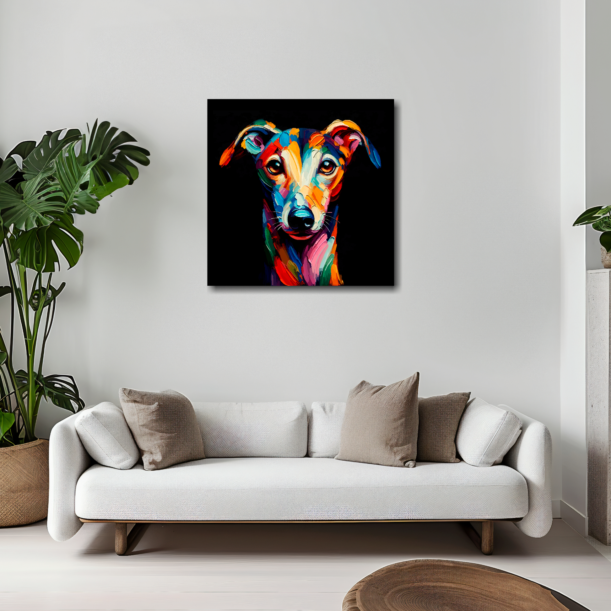 20 inch by 20 inch square canvas featuring a multi-coloured Greyhound dog portrait. Mounted on a white wall above a white sofa with decorative pillows.