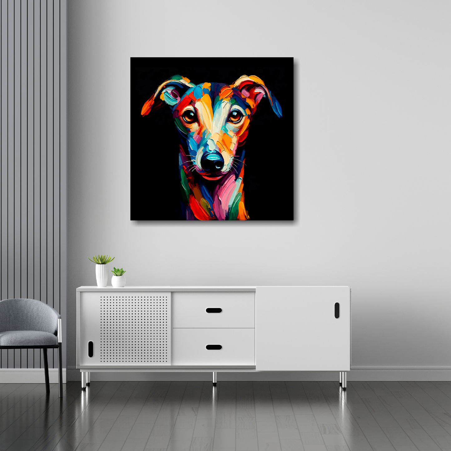 30 inch by 30 inch square canvas featuring a multi-coloured Greyhound dog portrait. Mounted on a white wall above a white sideboard.