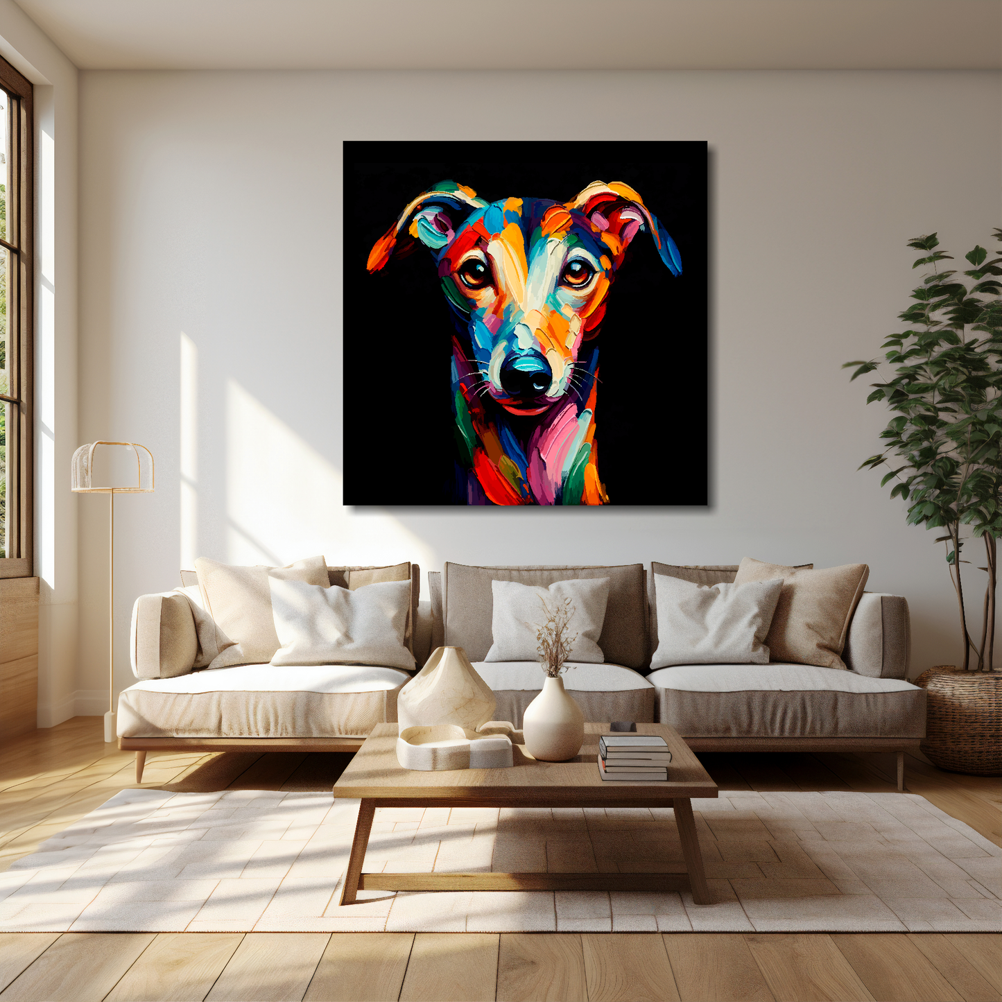 40 inch by 40 inch square canvas featuring a multi-coloured Greyhound dog portrait. Mounted on a cream wall above a cream sofa with decorative pillows.