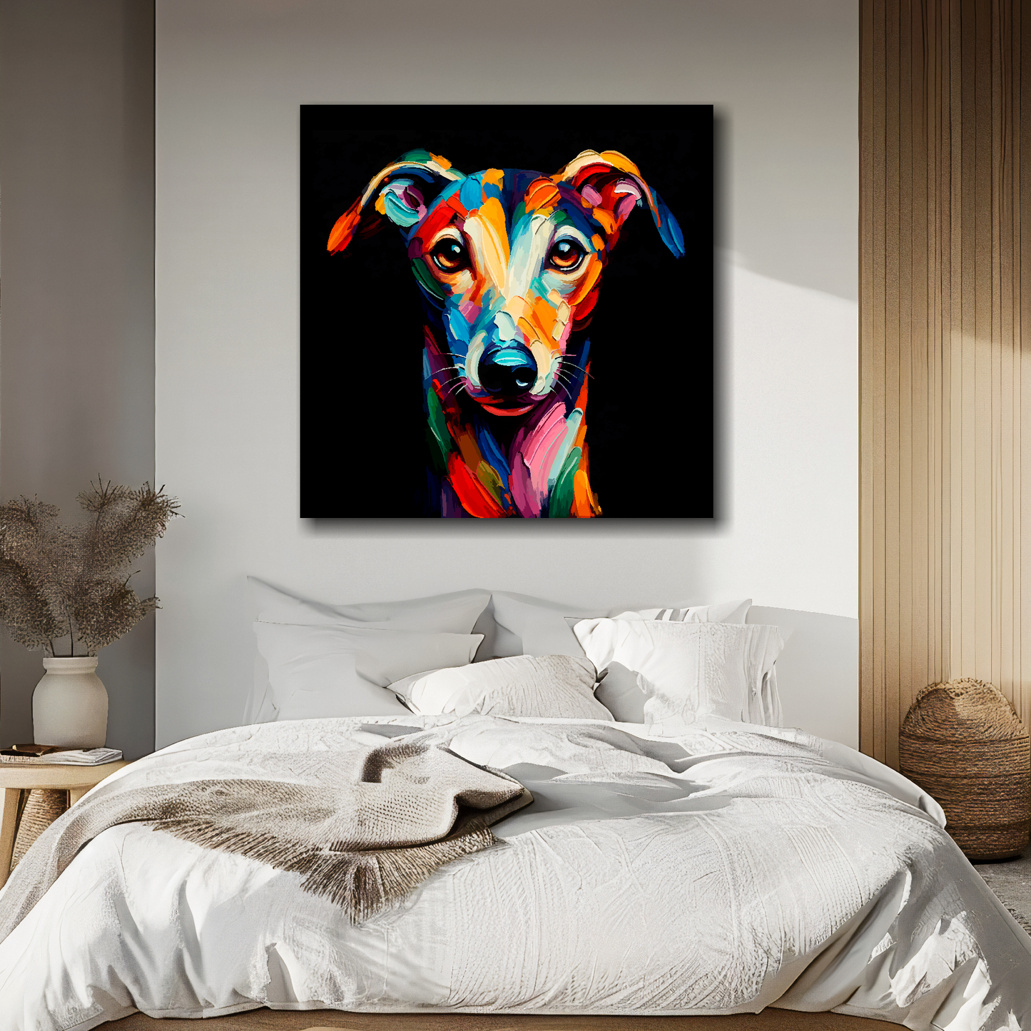 Square canvas featuring a multi-coloured Greyhound dog portrait. Mounted on a white wall above a double bed.