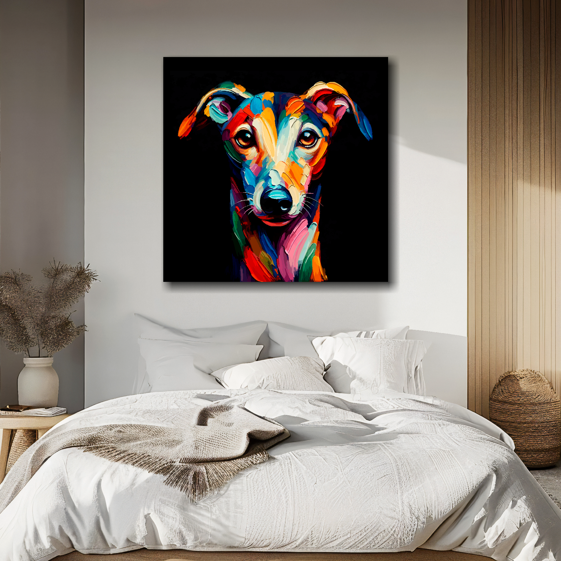 Square canvas featuring a multi-coloured Greyhound dog portrait. Mounted on a white wall above a double bed.