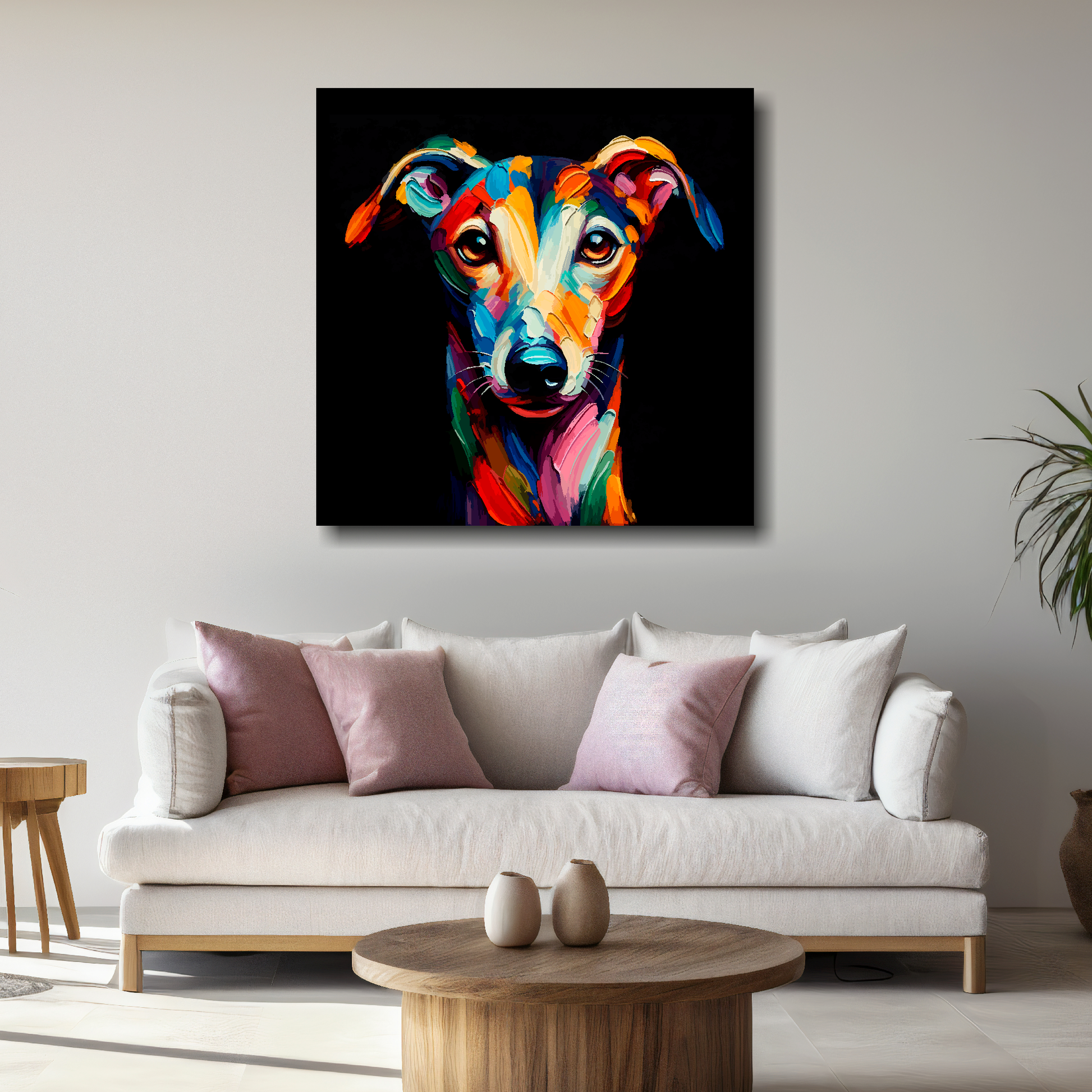 Large canvas featuring a multi-coloured Greyhound dog portrait. Mounted on a white wall above a white sofa with decorative pillows.