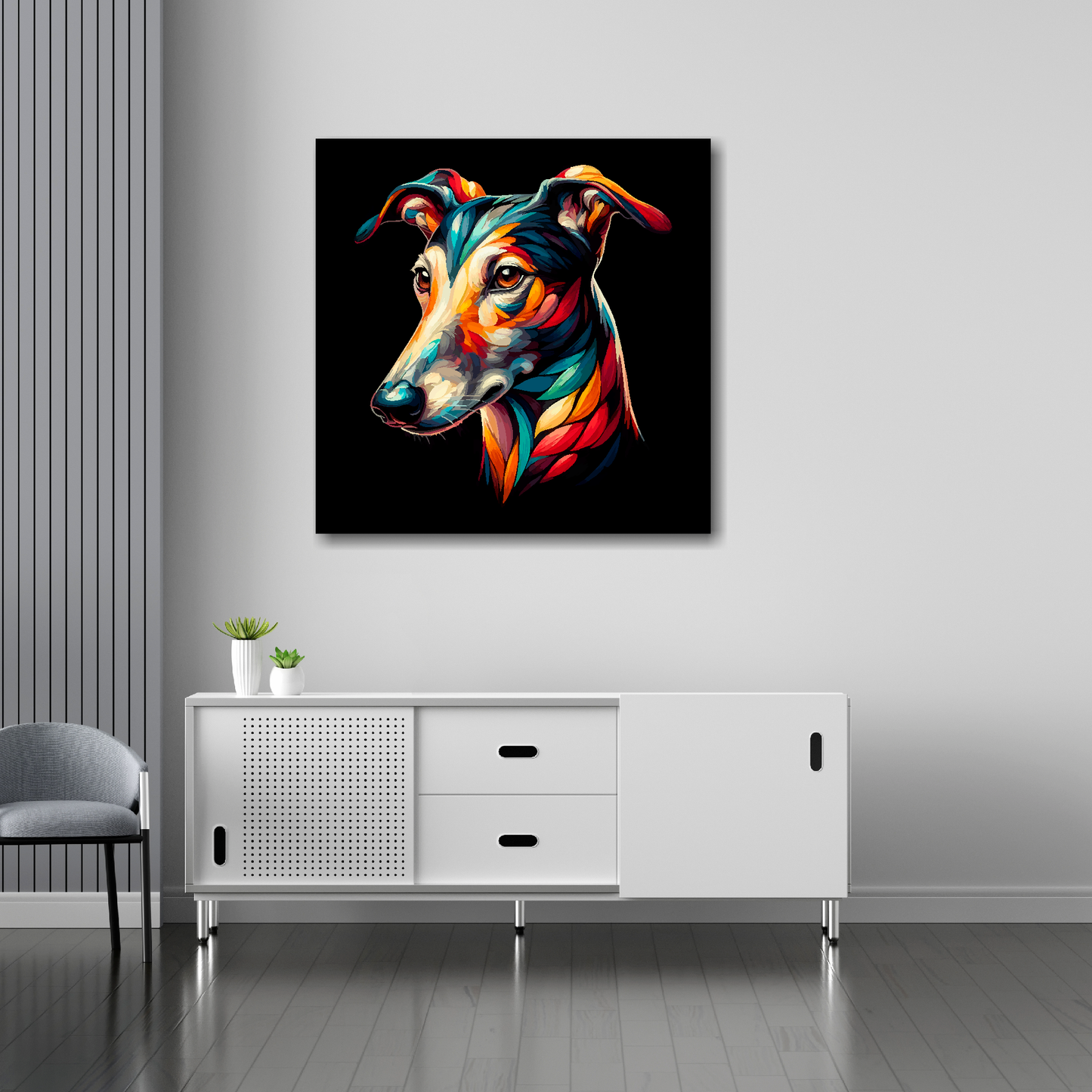 30 inch by 30 inch square canvas of a colourful Greyhound head portrait on a black background. Mounted on a white wall above a white sideboard.