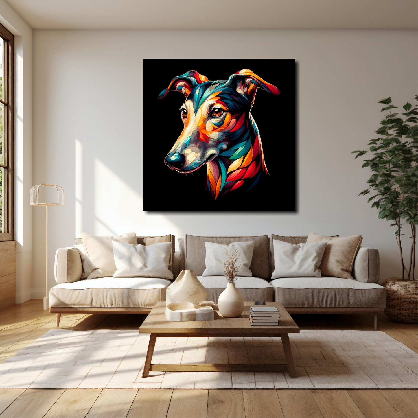 40 inch by 40 inch square canvas of a colourful Greyhound head portrait on a black background. Mounted on a white wall above a cream sofa with decorative pillows.