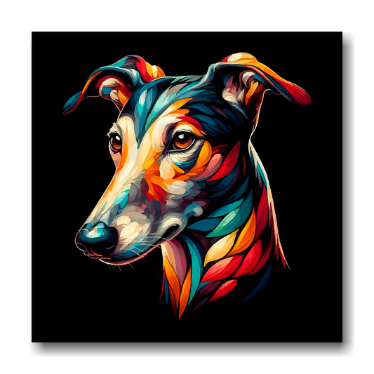 Large canvas wall art - A vibrant multi-coloured head portrait of a Greyhound. Available in 3 large sizes.