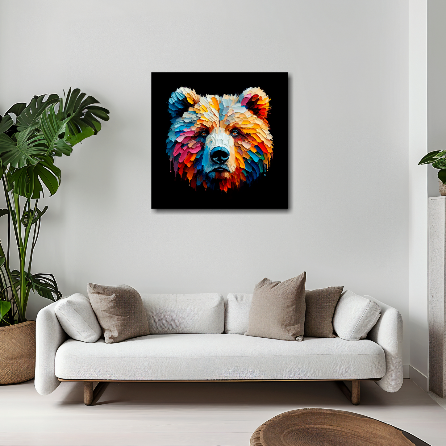 20 inch by 20 inch square canvas of a colouful Grizzly Bear head Portrait on a black background. Mounted on a white wall above a white sofa with decorative pillows.