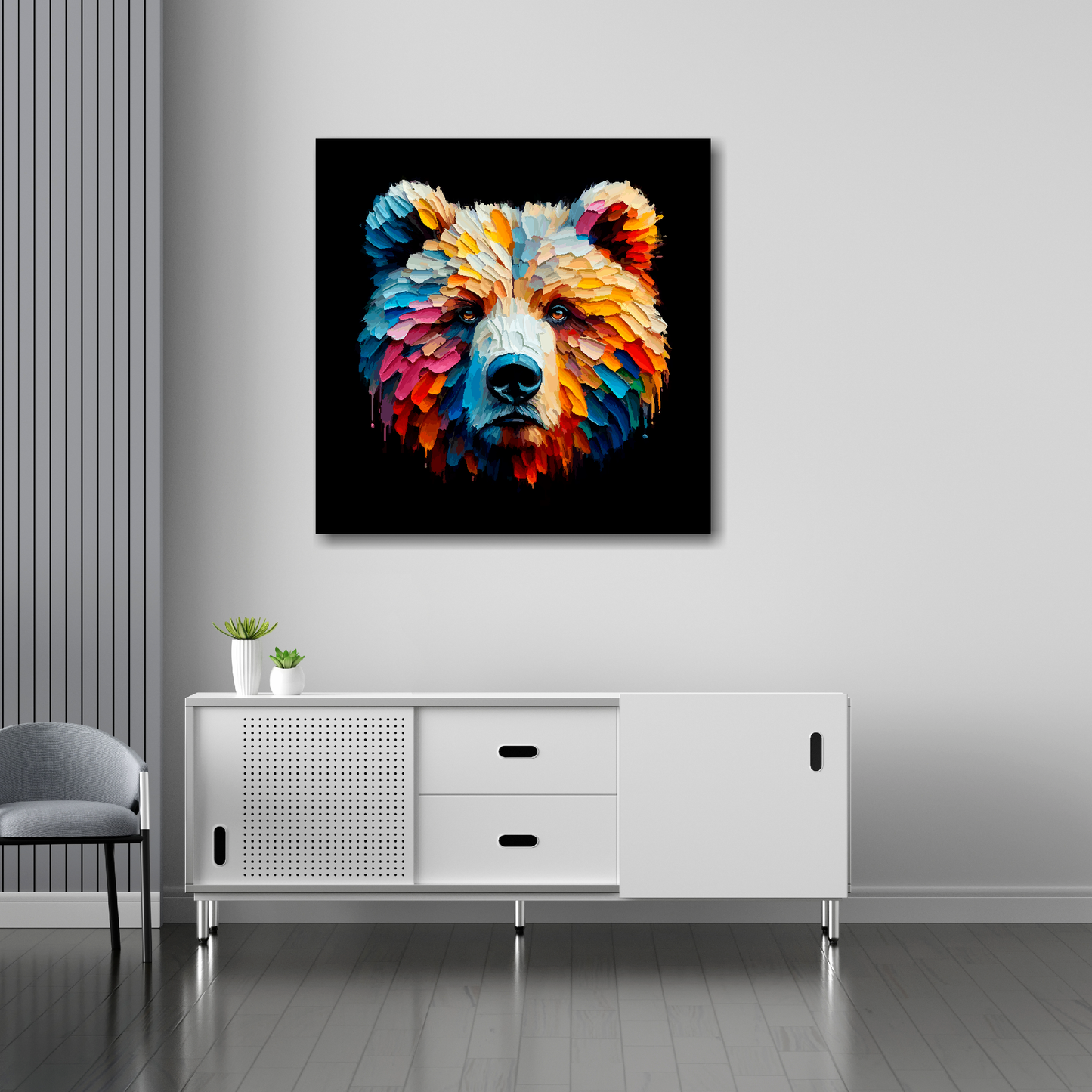 30 inch by 30 inch square canvas of a colouful Grizzly Bear head Portrait on a black background. Mounted on a white wall above a white sideboard.