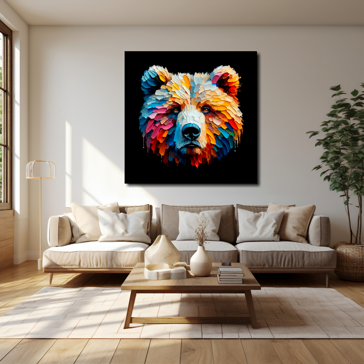 40 inch by 40 inch square canvas of a colouful Grizzly Bear head Portrait on a black background. Mounted on a white wall above a cream sofa with decorative pillows.