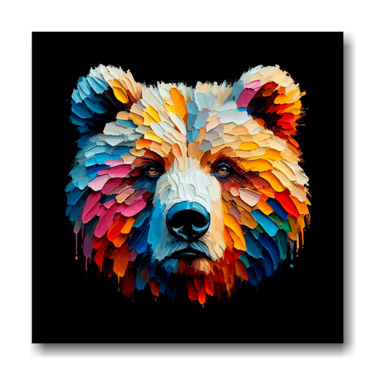Large canvas wall art - A vibrant multi-coloured head portrait of a Grizzly Bear. Available in 3 large sizes.