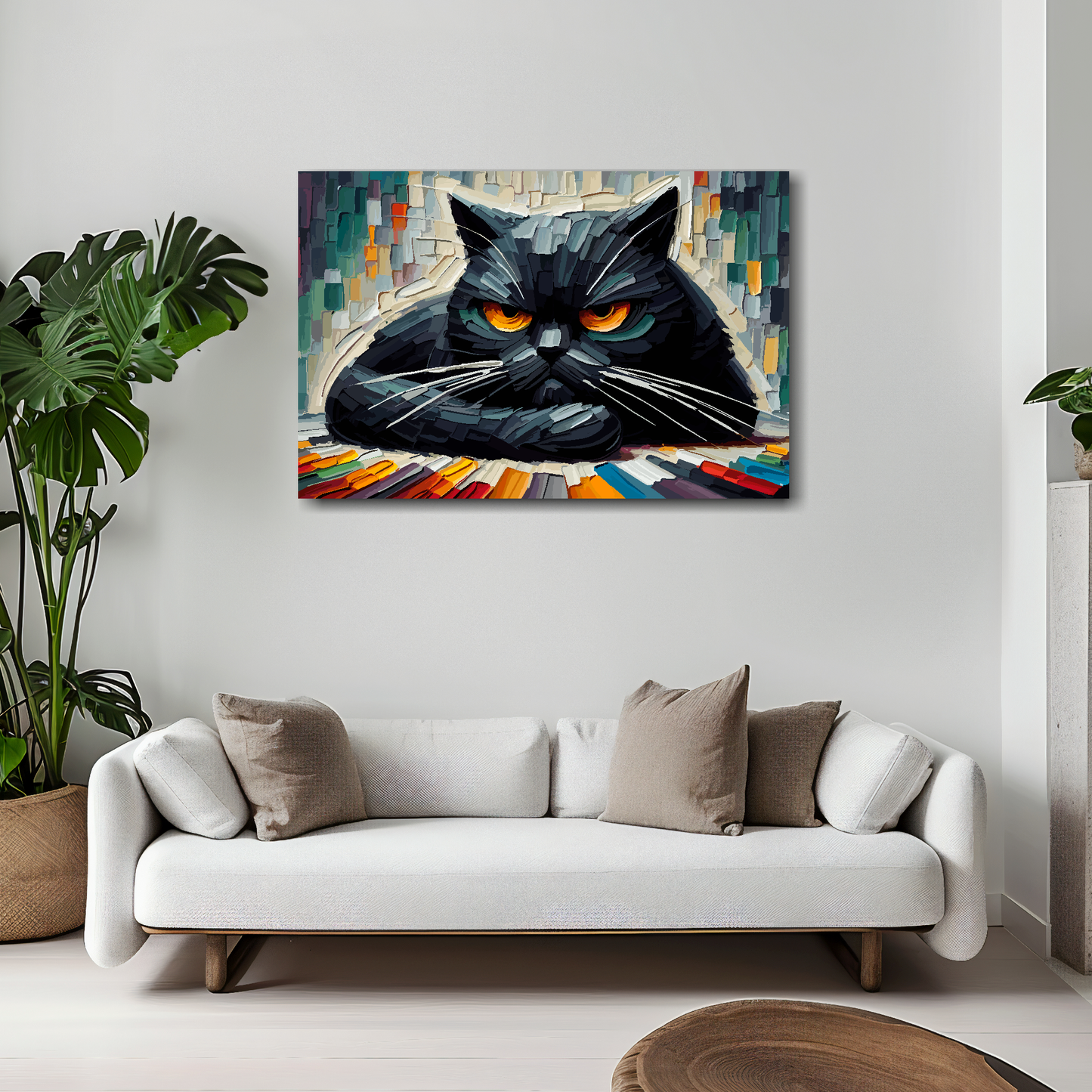 30 inch by 20 inch abstract canvas print of a grumpy black cat. Mounted on a white wall above a white sofa with decorative pillows.