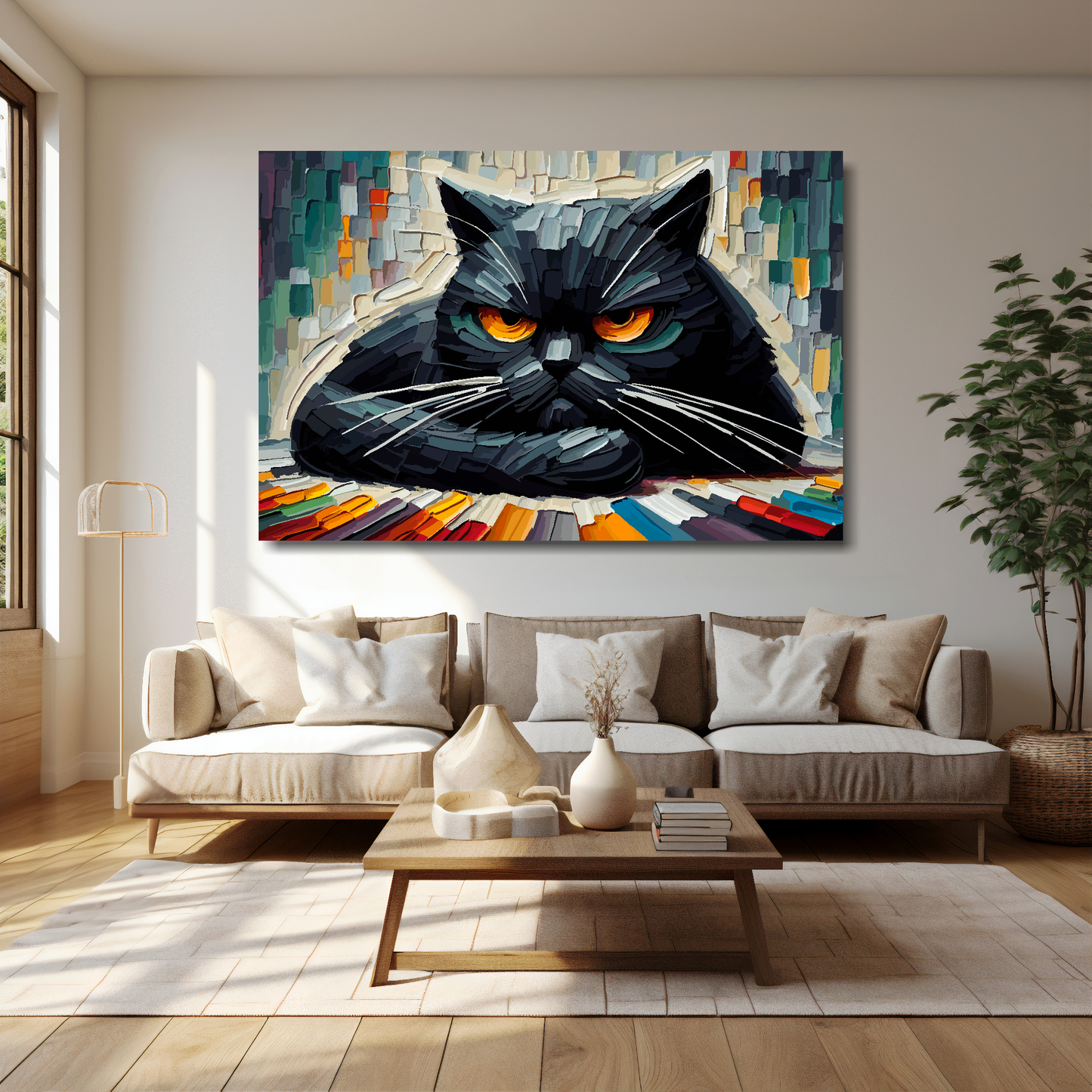 60 inch by 40 inch abstract canvas print of a grumpy black cat. Mounted on a cream wall above a cream sofa with decorative pillows.