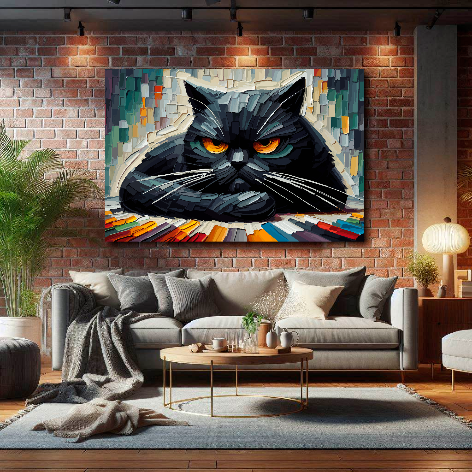 Large canvas wall art - A colourful painting of a Grumpy Black Cat. Available in 3 large sizes.