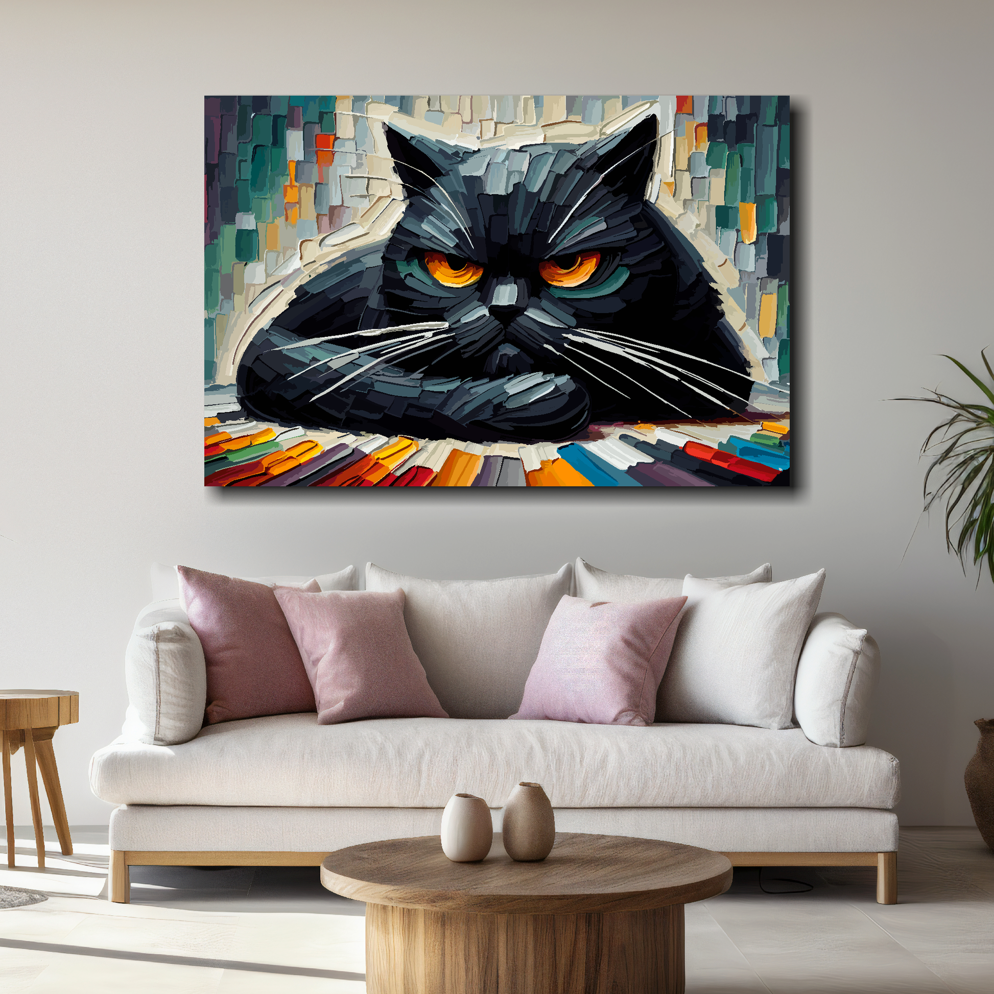 Large canvas wall art - A colourful painting of a Grumpy Black Cat. Available in 3 large sizes.