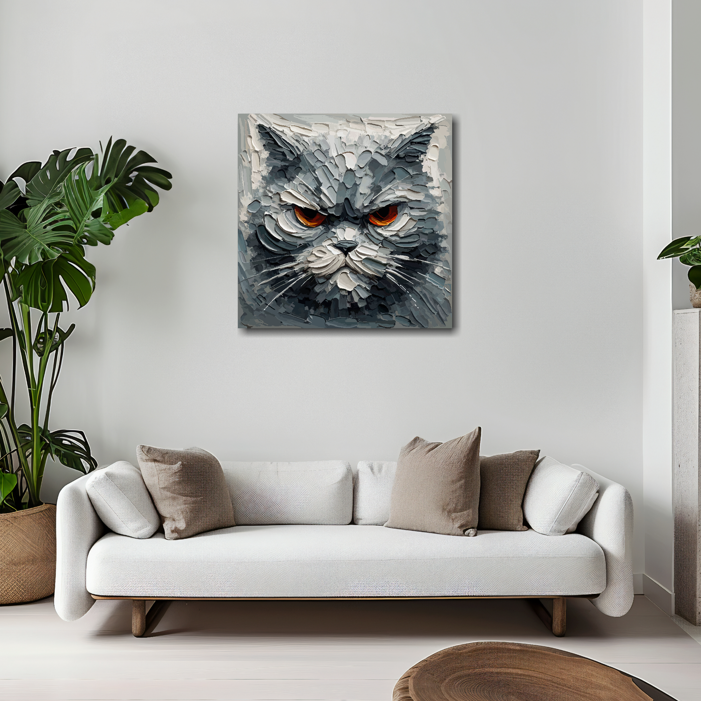 20 inch by 20 inch canvas mounted on a white living room wall above a white sofa. Featuring a grumpy grey cat head.