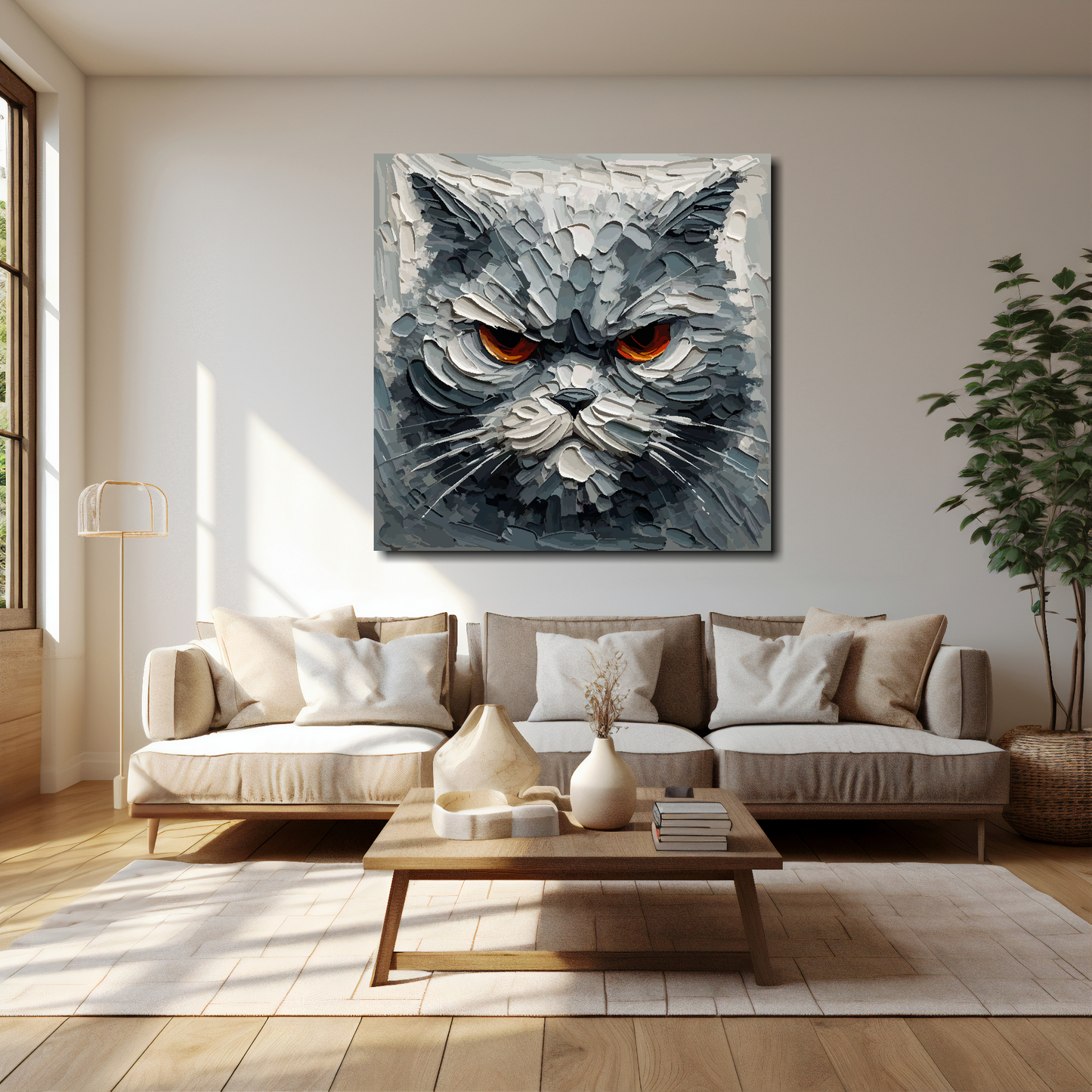 40 inch by 40 inch canvas mounted on a cream living room wall above a cream sofa. Featuring a grumpy grey cat head.