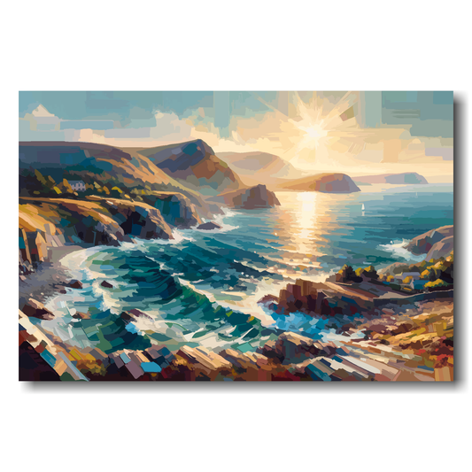 Large canvas of a coastal landscape with cliffs and ocean at sunset.