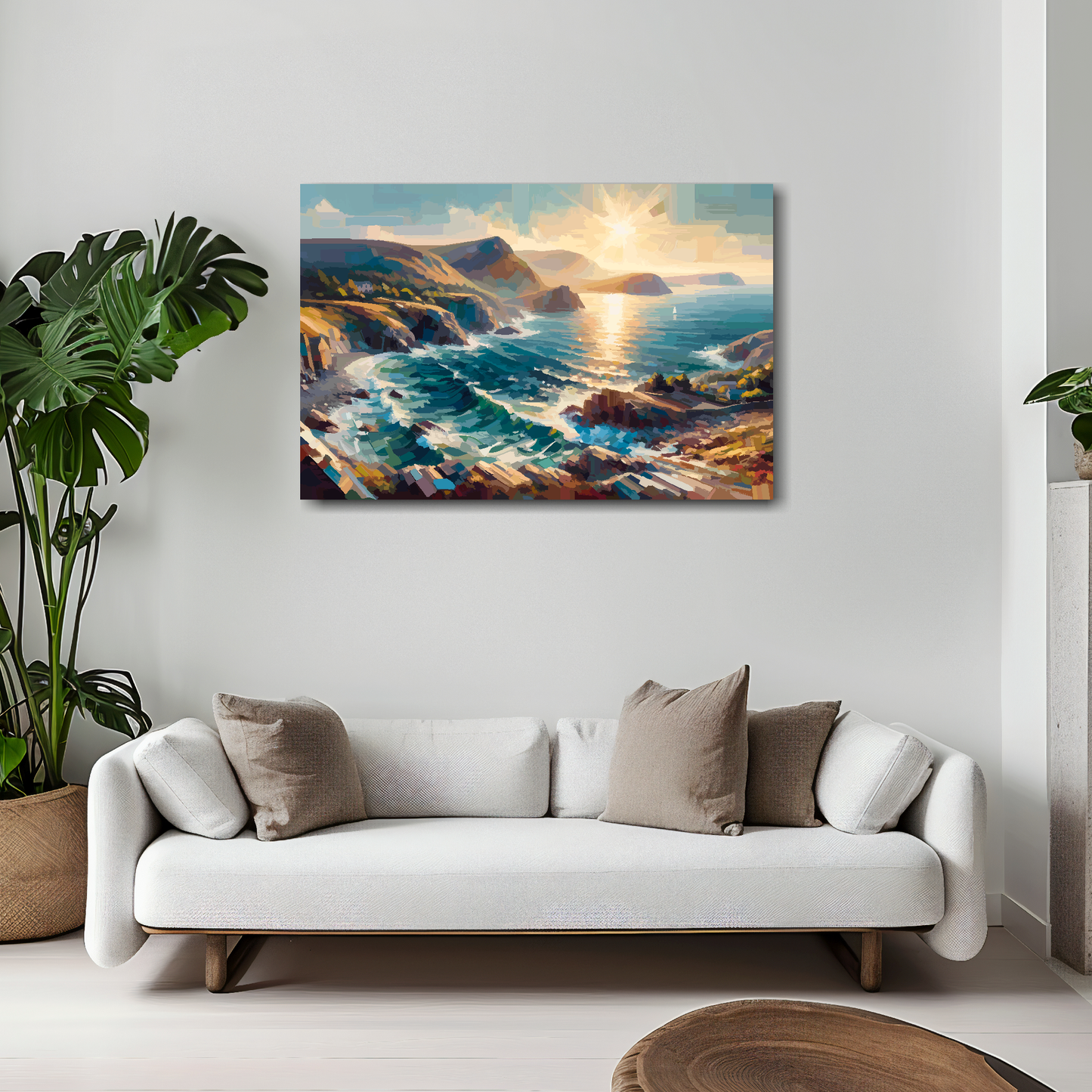 30 inch by 20 inch abstract canvas print of the Gwynedd Coastline. Mounted on a white wall above a white sofa with decorative pillows.