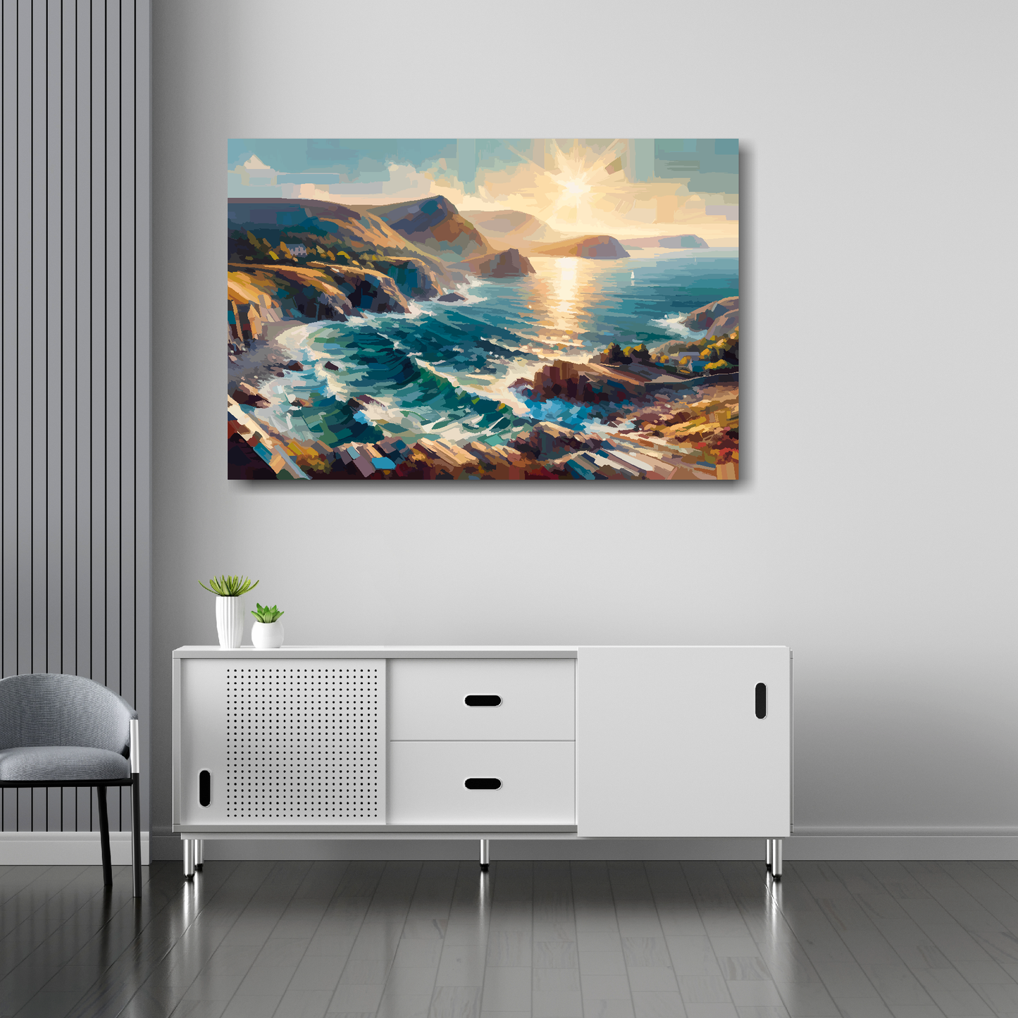 36 inch by 24 inch abstract canvas print of the Gwynedd Coastline. Mounted on a white wall above a white sideboard.