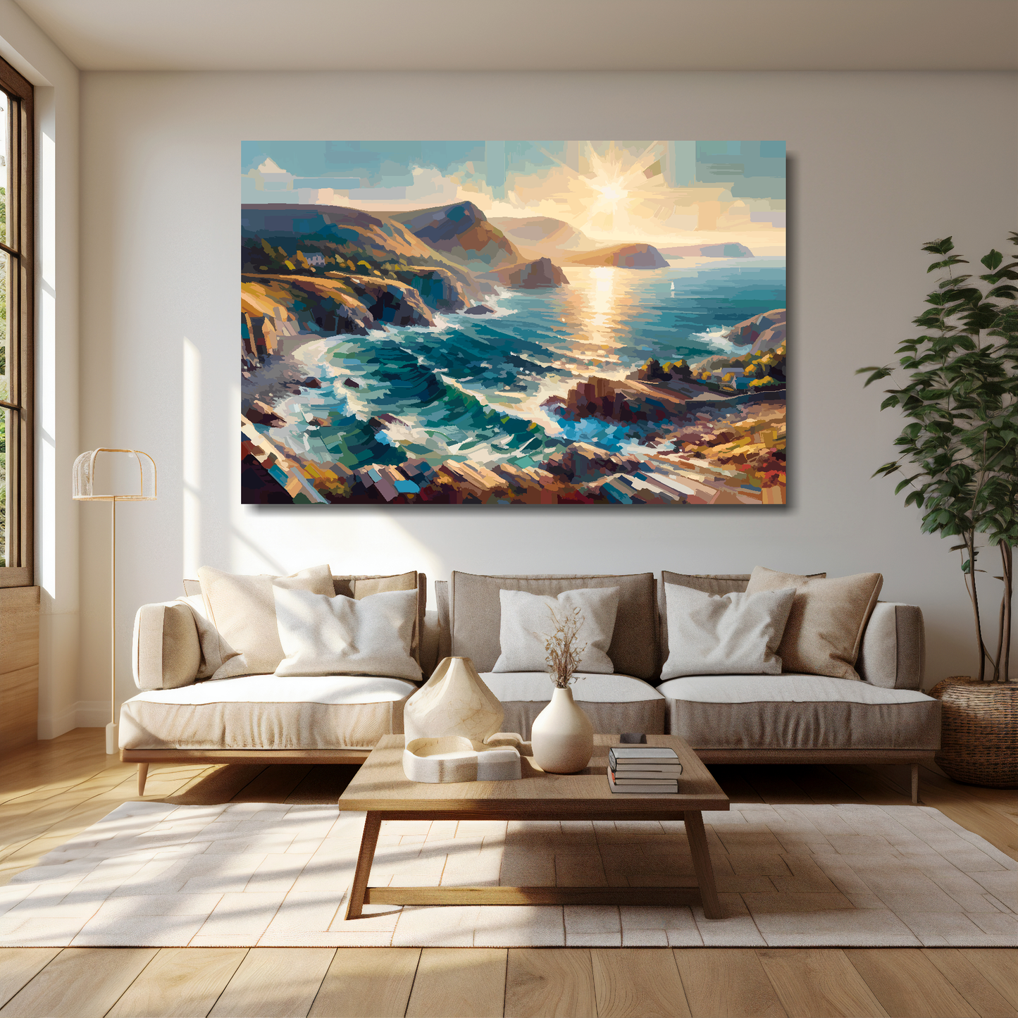 60 inch by 40 inch abstract canvas print of the Gwynedd Coastline. Mounted on a cream wall above a cream sofa with decorative pillows.