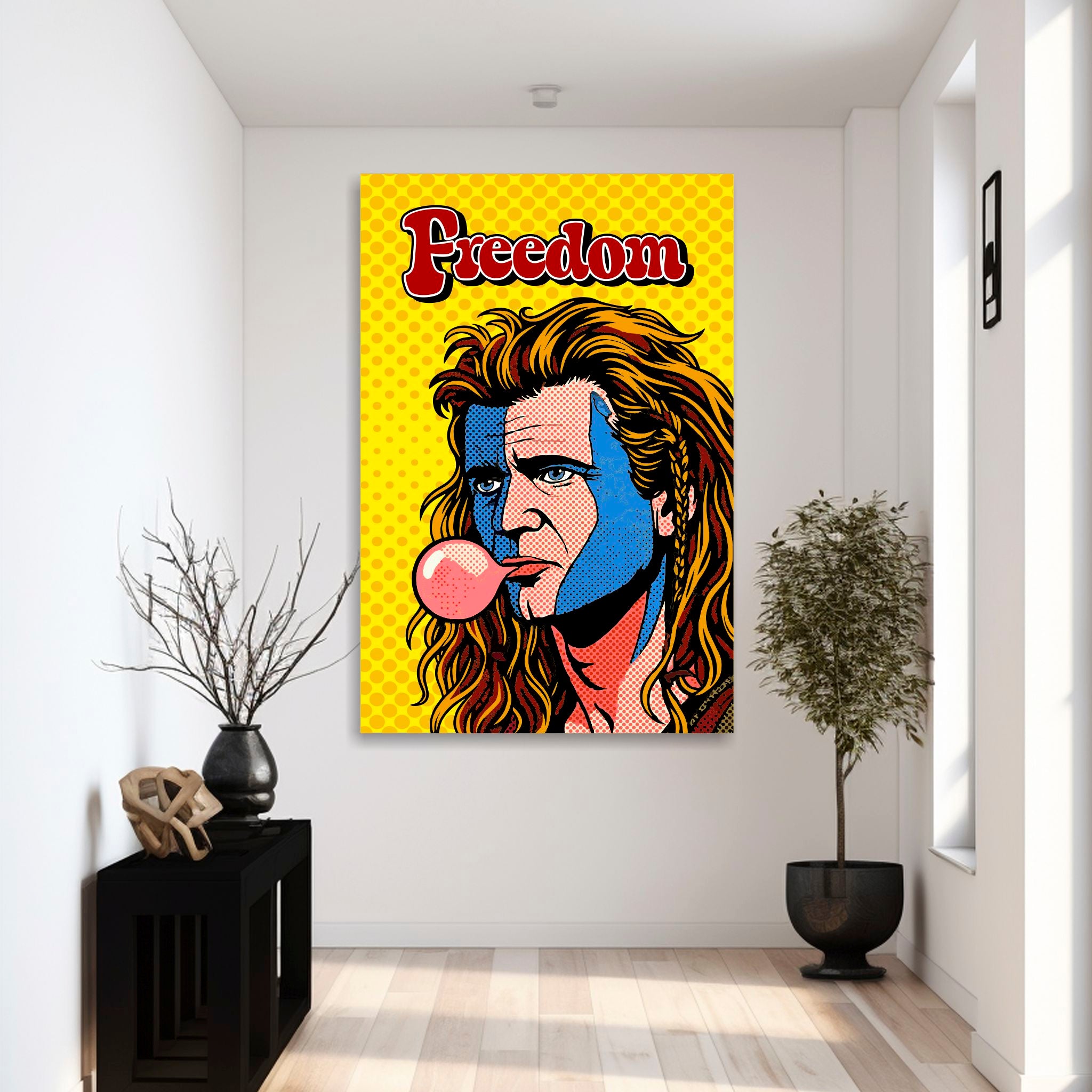 40 inch x 6 inch Pop art-style illustration of William Wallace blowing a bubble gum with 'Freedom' text on a yellow background.