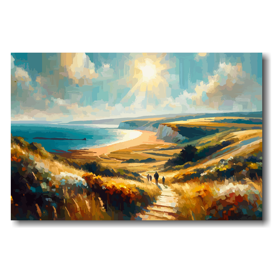 Painting of a Hampshire coastal landscape with a path leading to the sea under a bright sky.