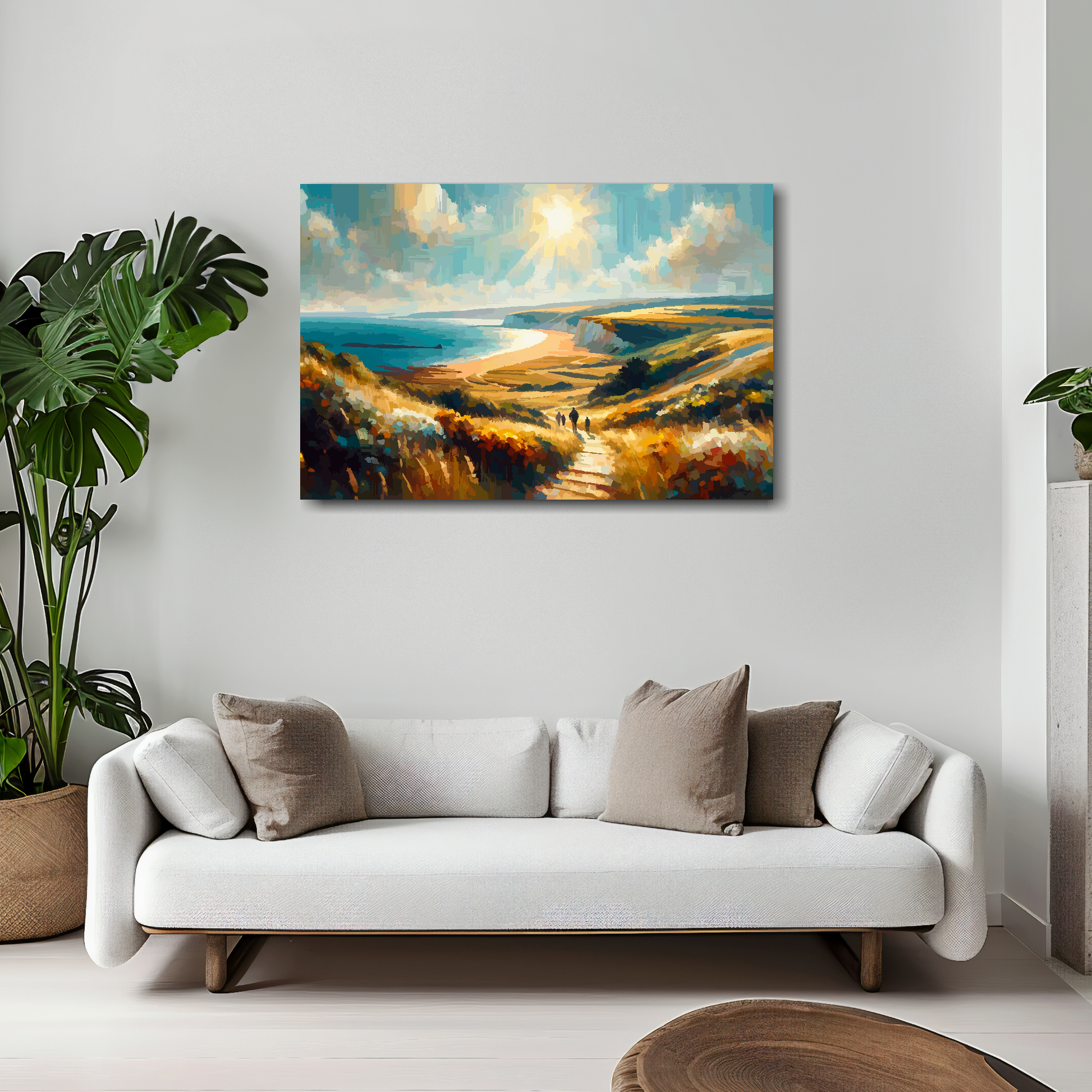 30 inch by 20 inch abstract canvas print of the Hampshire Coast. Mounted on a white wall above a white sofa with decorative pillows.
