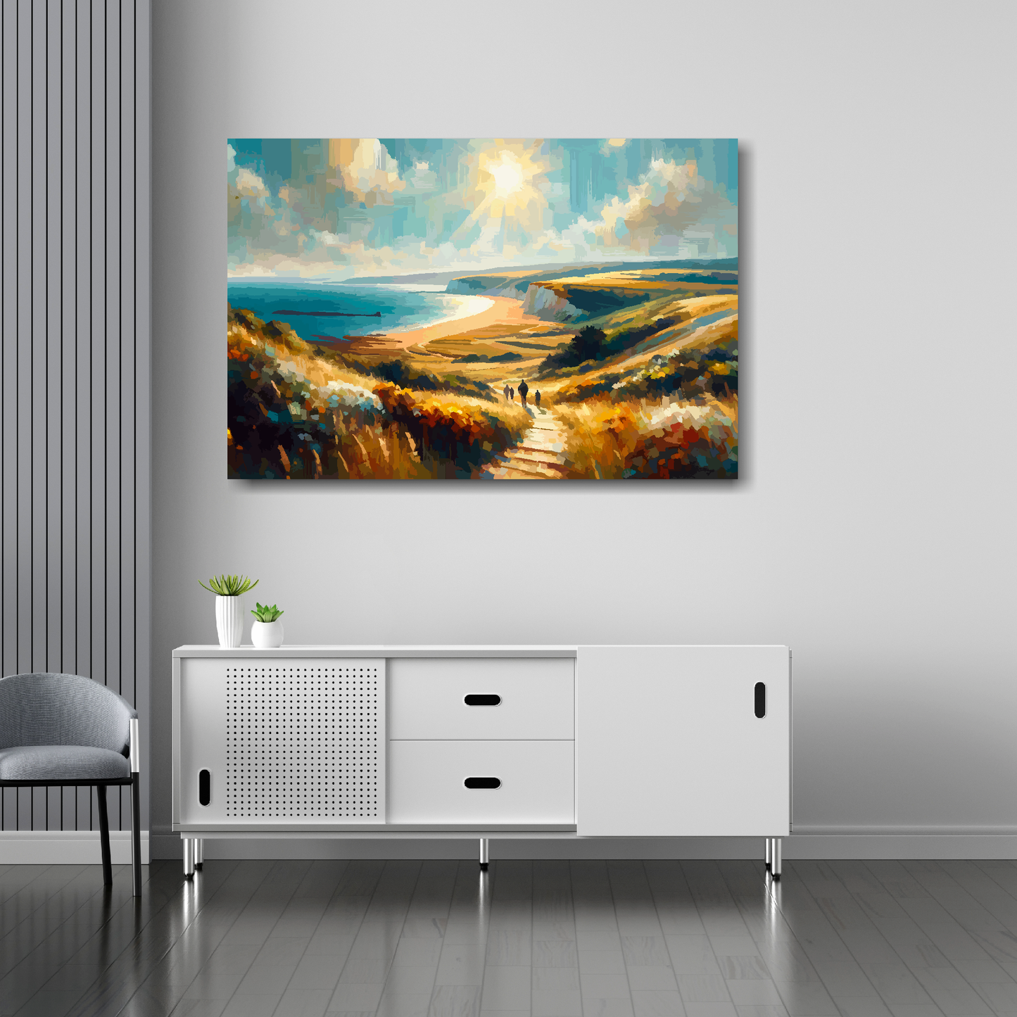 36 inch by 24 inch abstract canvas print of the Hampshire Coast. Mounted on a white wall above a white sideboard.