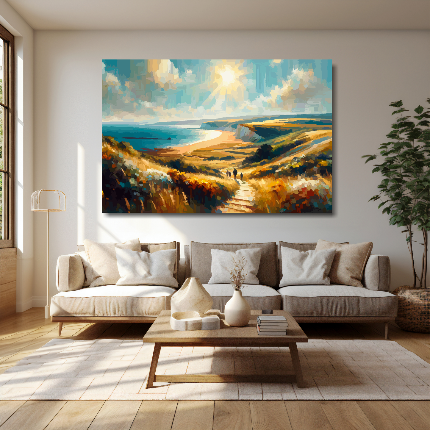 60 inch by 40 inch abstract canvas print of the Hampshire Coast. Mounted on a cream wall above a cream sofa with decorative pillows.