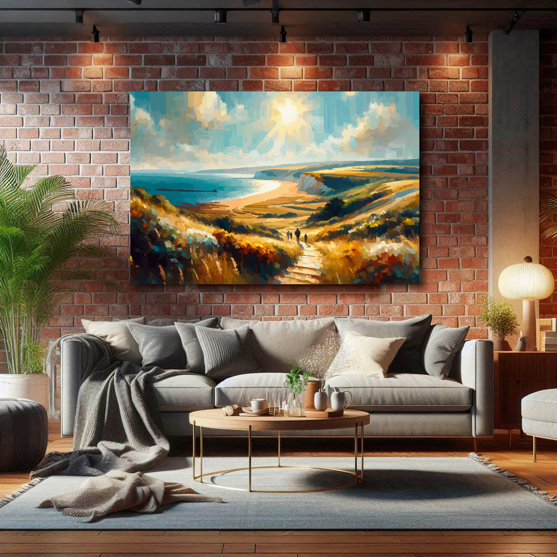 Living room with a gray sofa, coffee table, and a large landscape painting on a brick wall.
