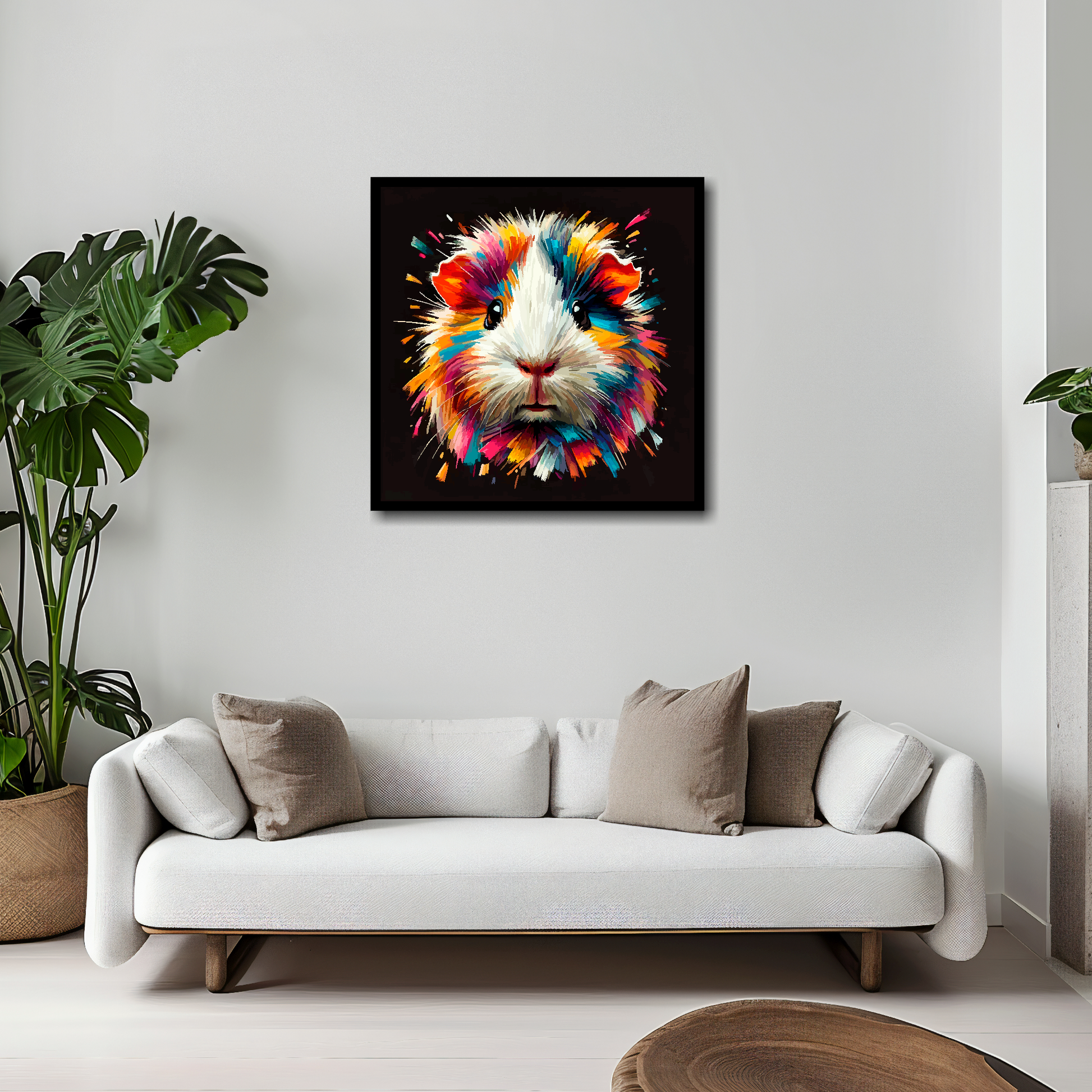 20 inch by 20 inch square canvas of a colouful Hamster Portrait on a black background. Mounted on a white wall above a white sofa with decorative pillows.