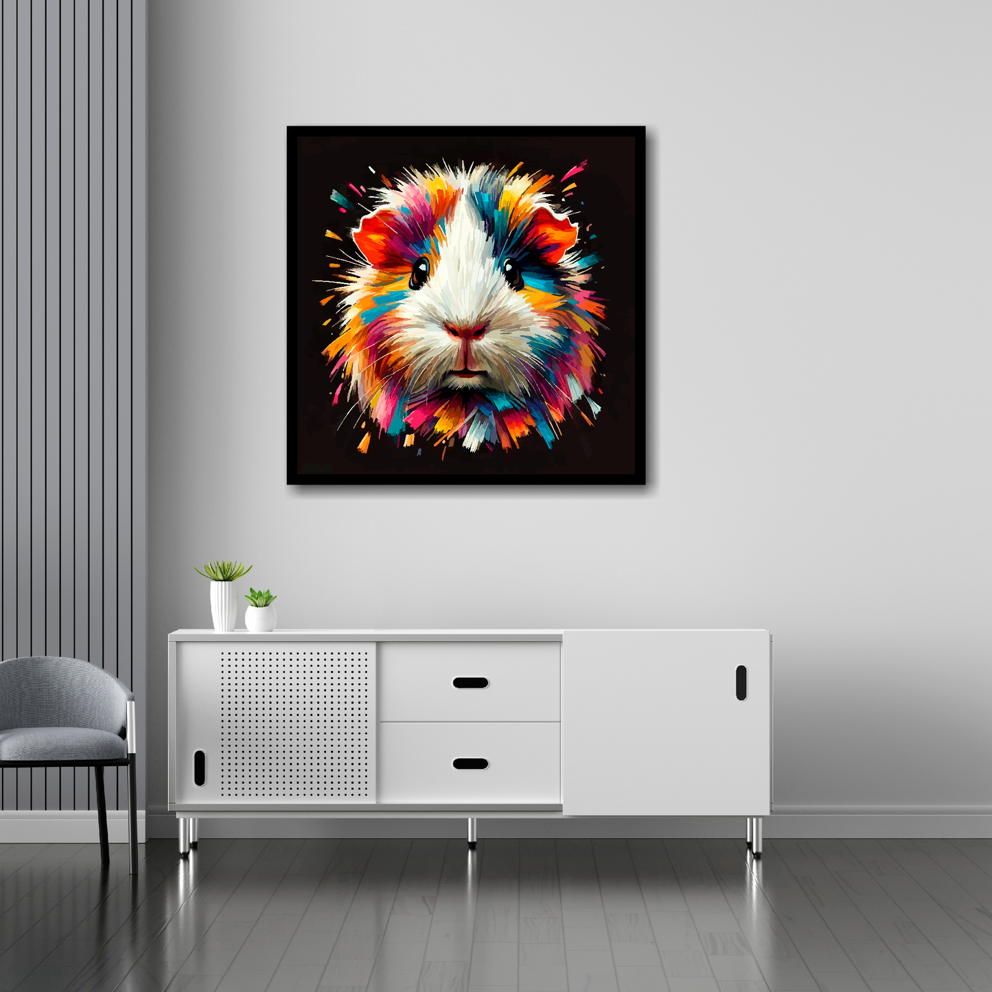 30 inch by 30 inch square canvas of a colouful Hamster Portrait on a black background. Mounted on a white wall above a white sideboard.