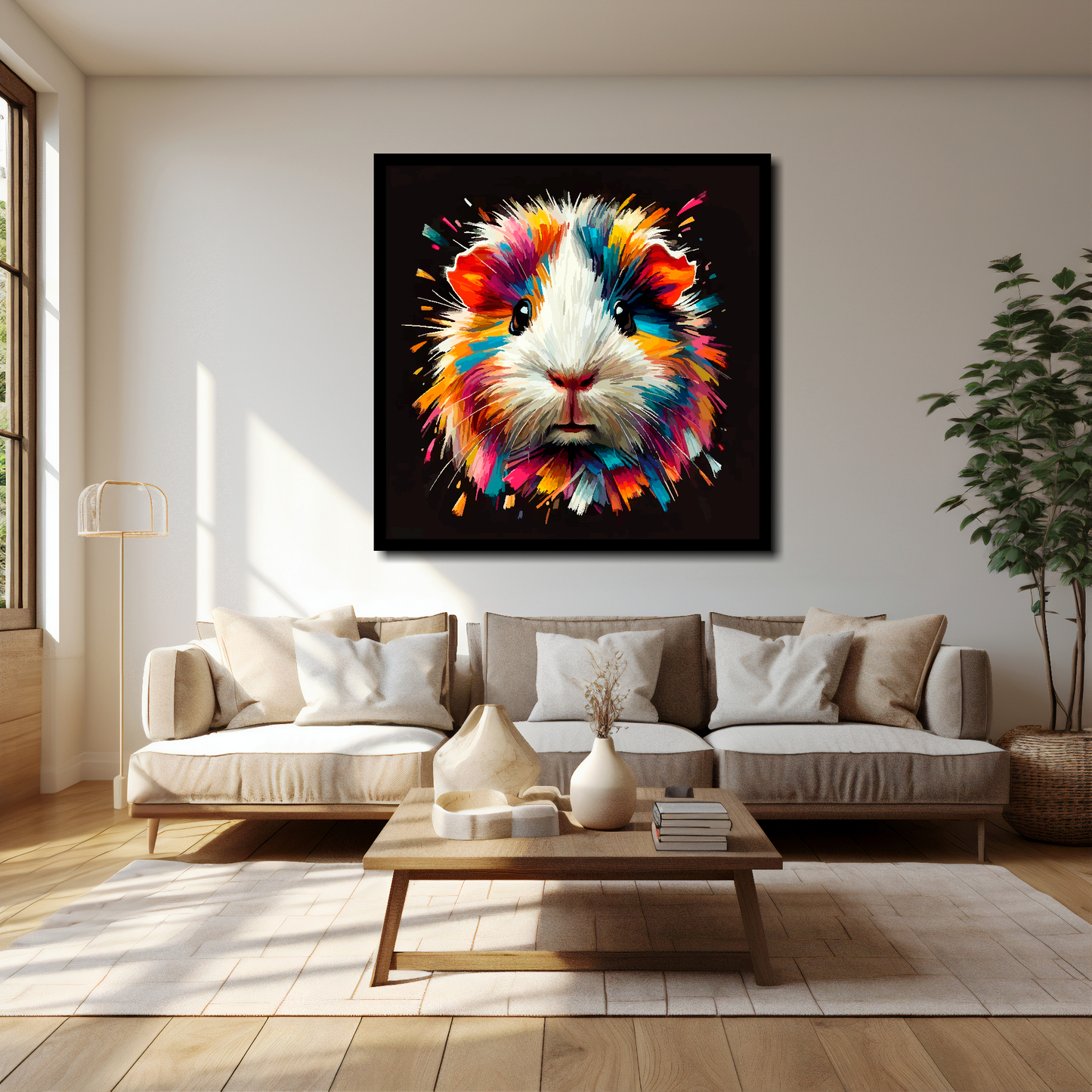 40 inch by 40 inch square canvas of a colouful Hamster Portrait on a black background. Mounted on a white wall above a cream sofa with decorative pillows.