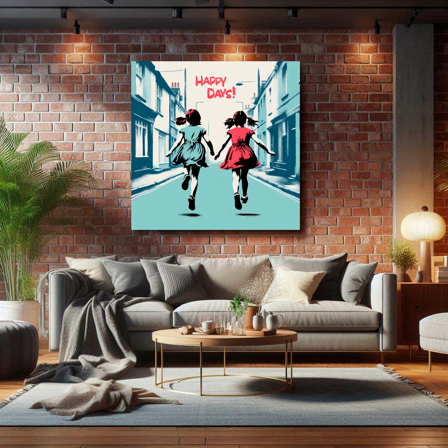 Large canvas wall art - A retro friendship painting of two young girls running in the street. Available in 3 large sizes.