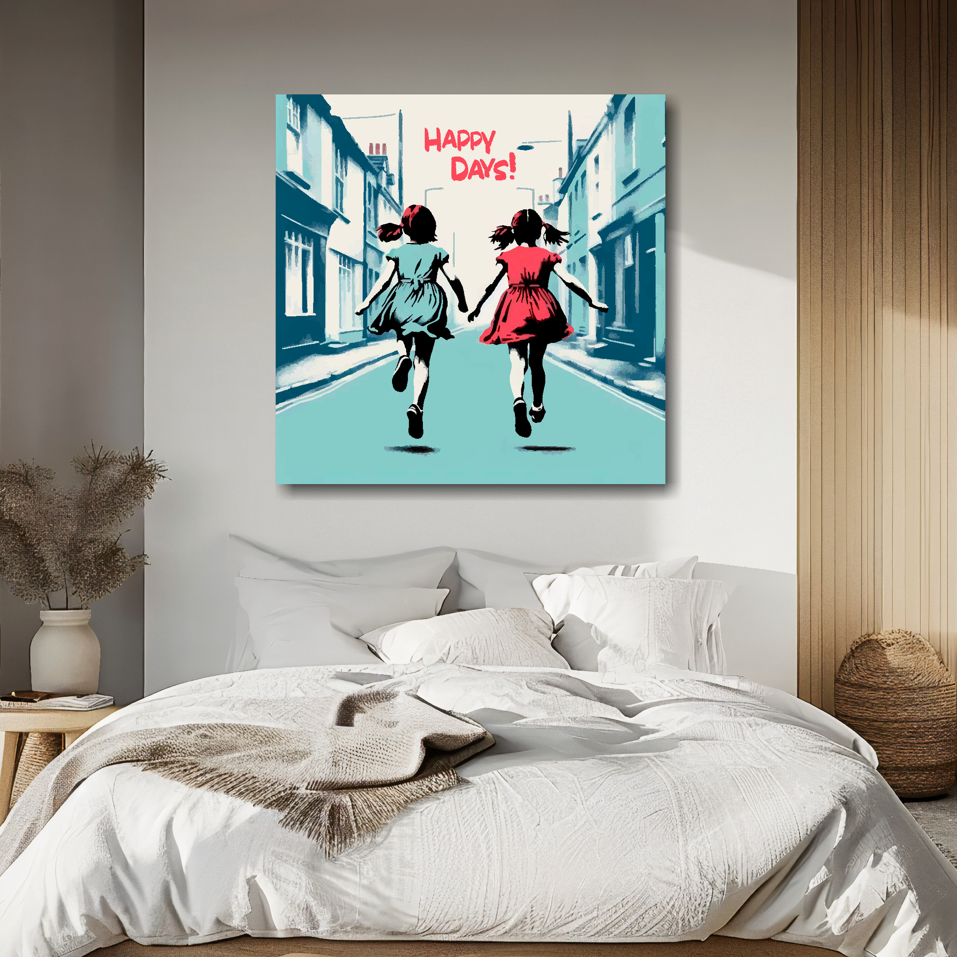 Large canvas wall art - A retro friendship painting of two young girls running in the street. Available in 3 large sizes.