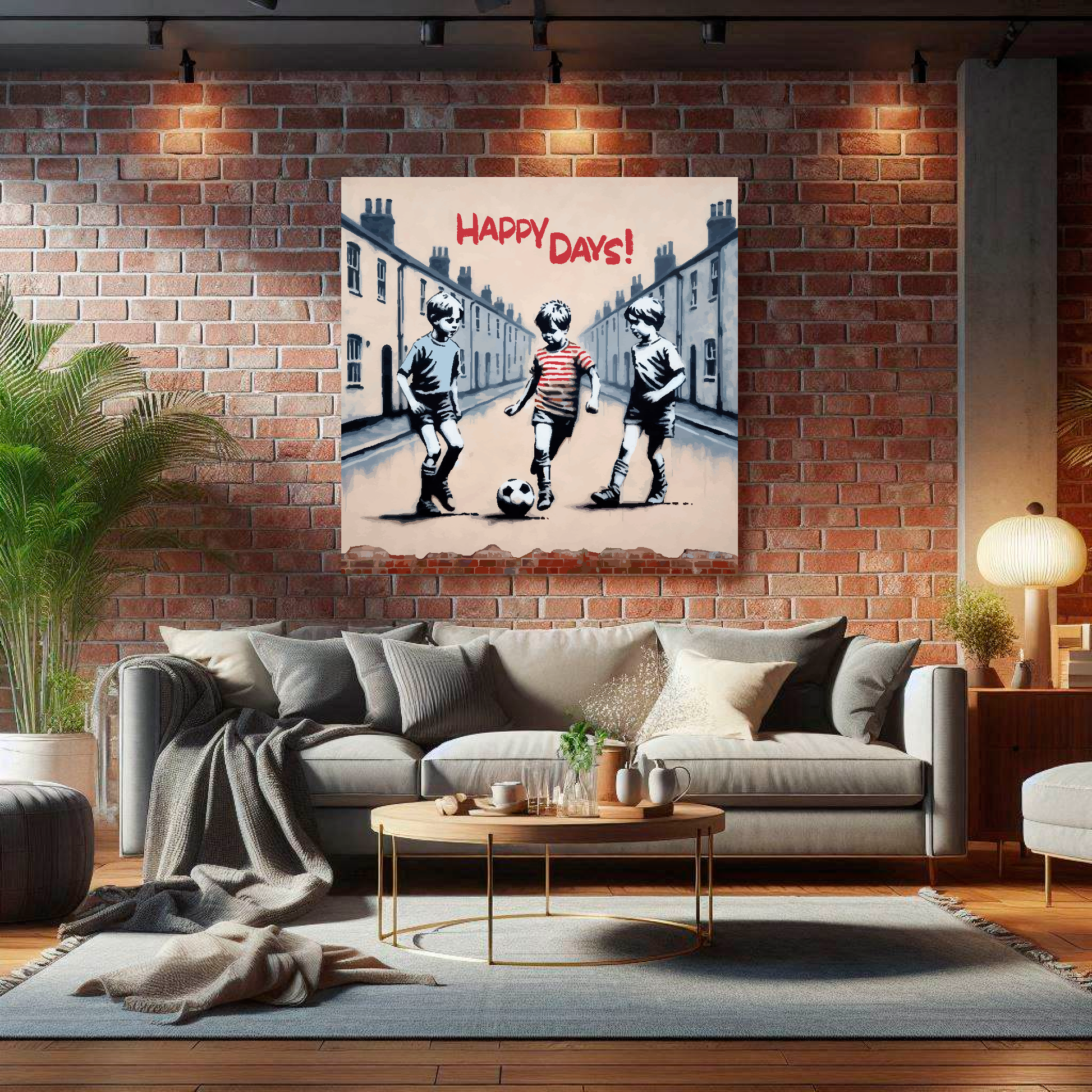 Large square canvas featuring three young boys playing football in the street, text at the top saying...'Happy Days'. Mounted on a brick wall above a grey sofa with decorative pillows.