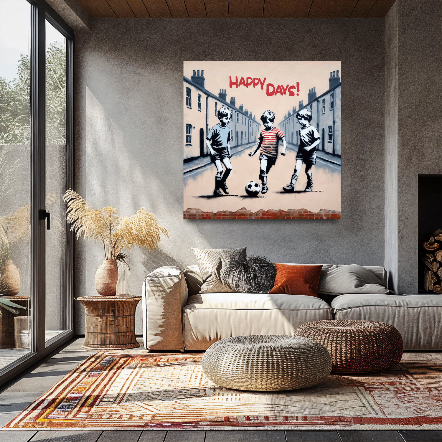 Large canvas wall art - A wall mural of 3 young boys playing football in the street, Retro 1980's. Available in 3 large sizes.
