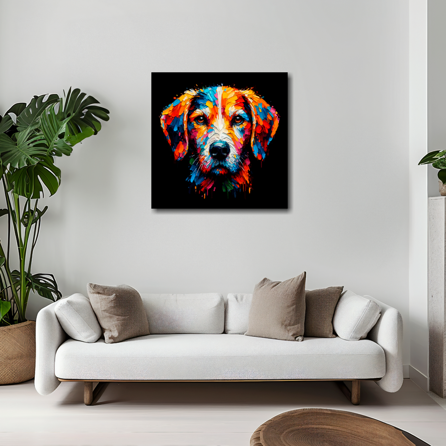 20 inch by 20 inch square canvas featuring a multi-coloured Harrier dog portrait. Mounted on a white wall above a white sofa with decorative pillows.