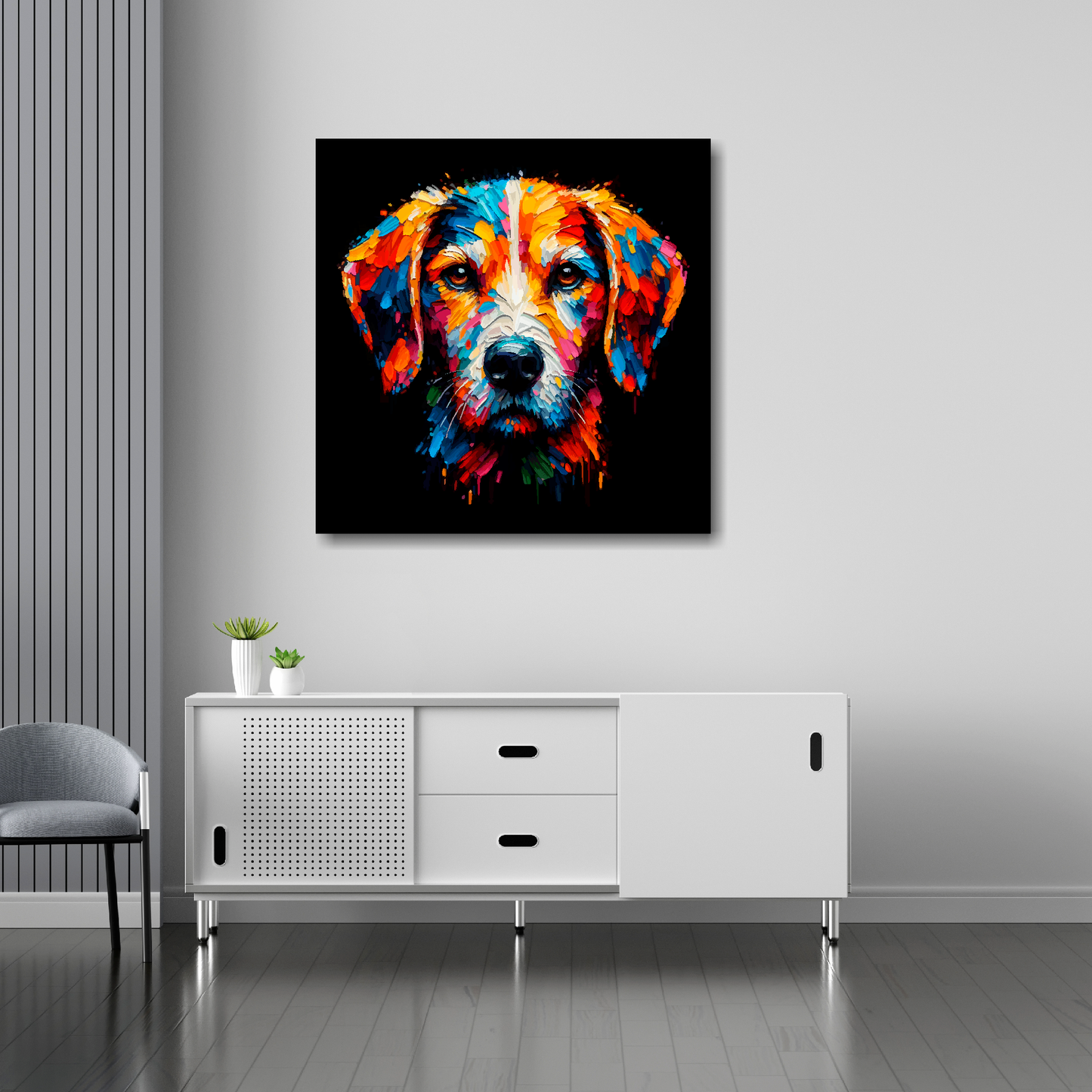30 inch by 30 inch square canvas featuring a multi-coloured Harrier dog portrait. Mounted on a white wall above a white sideboard.