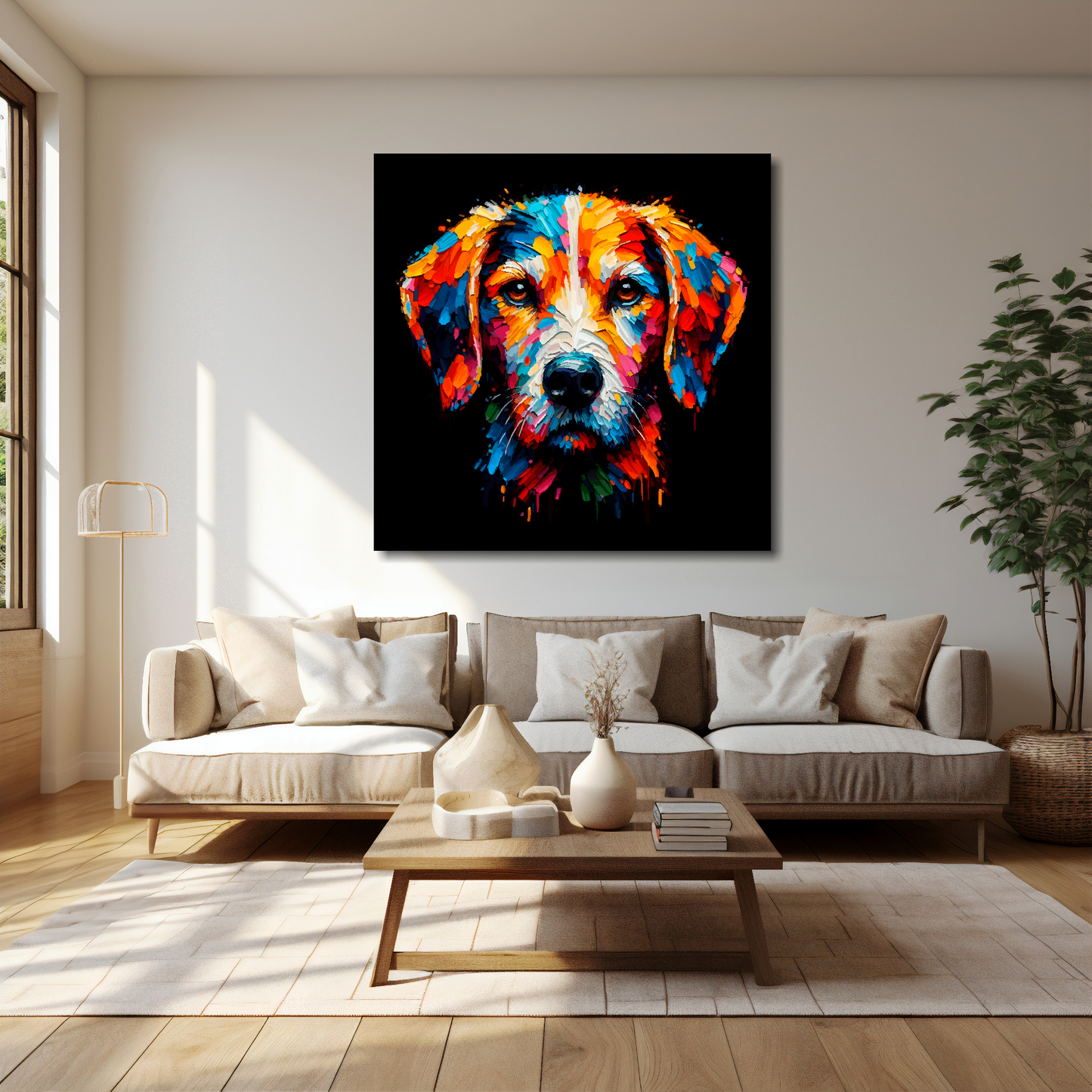 40 inch by 40 inch square canvas featuring a multi-coloured Harrier dog portrait. Mounted on a cream wall above a cream sofa with decorative pillows.