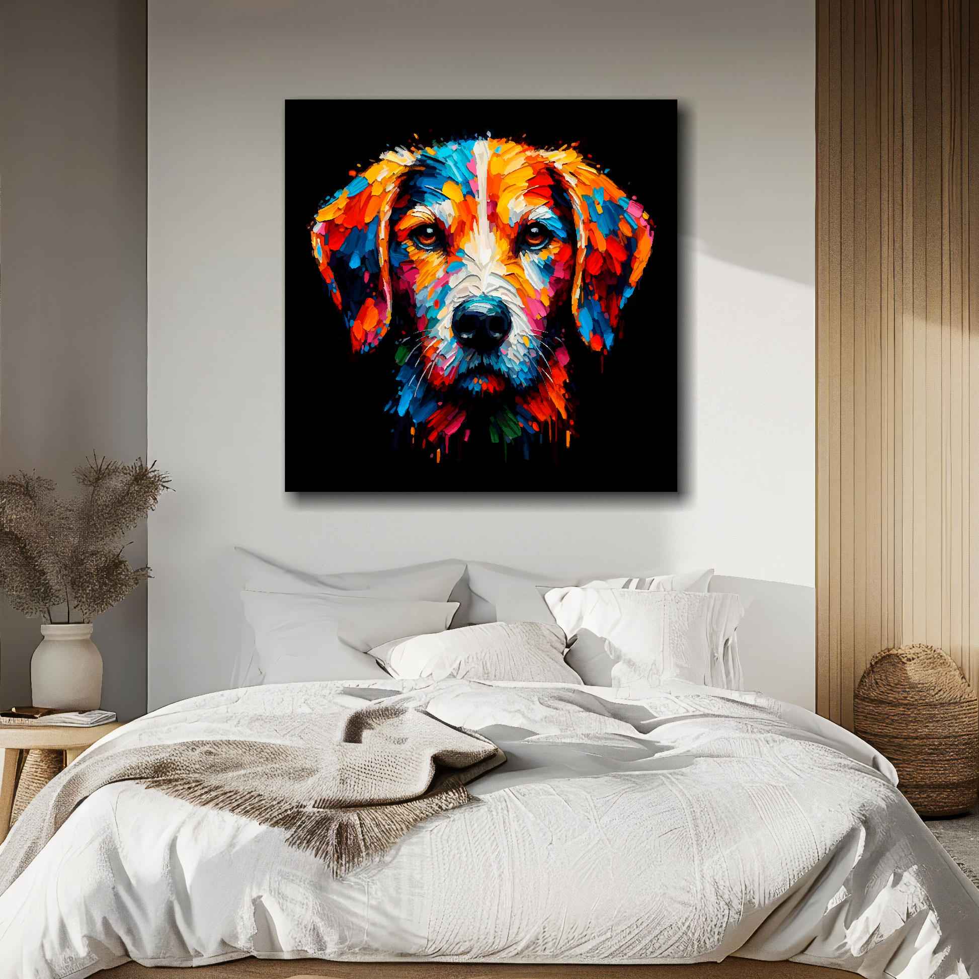 Square canvas featuring a multi-coloured Harrier dog portrait. Mounted on a white wall above a double bed.