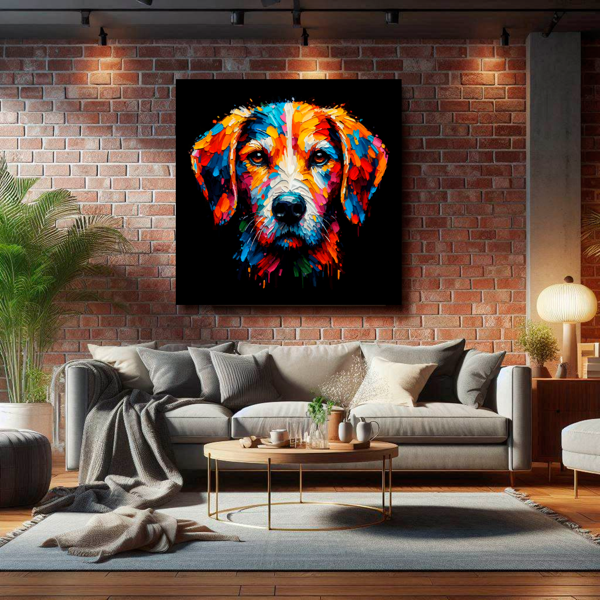 Large square canvas featuring a multi-coloured Harrier dog portrait. Mounted on a brick wall above a grey sofa with decorative pillows.