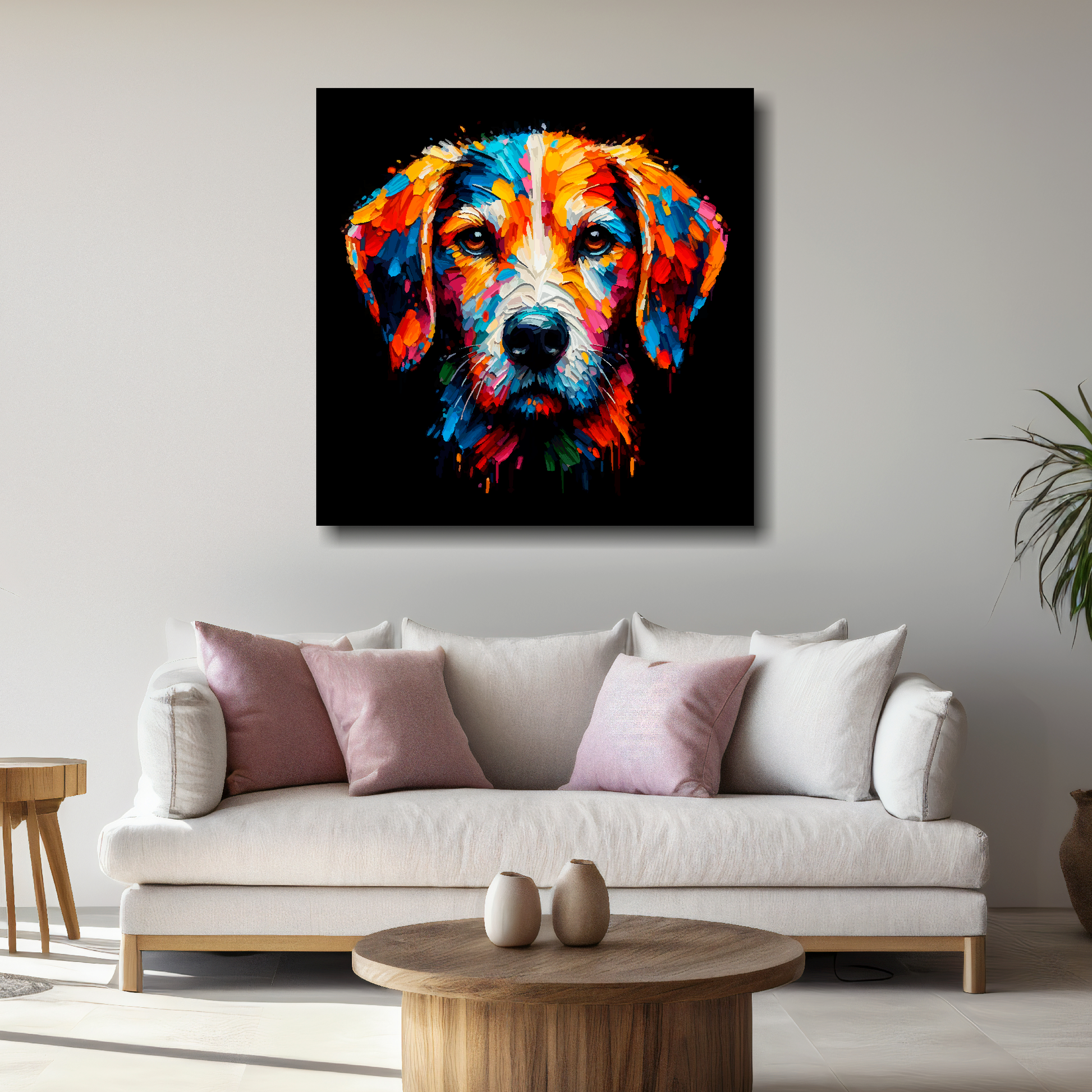 Large canvas featuring a multi-coloured Harrier dog portrait. Mounted on a white wall above a white sofa with decorative pillows.